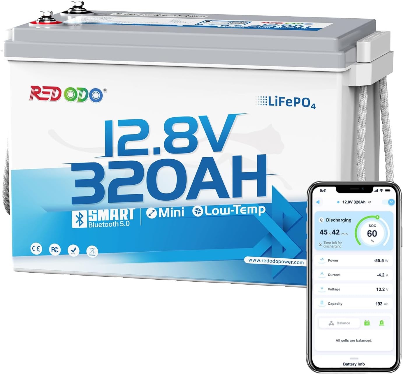 Redodo 12V 320Ah Mini Bluetooth LiFePO4 Battery Deep Cycle 200A BMS for RV Solar