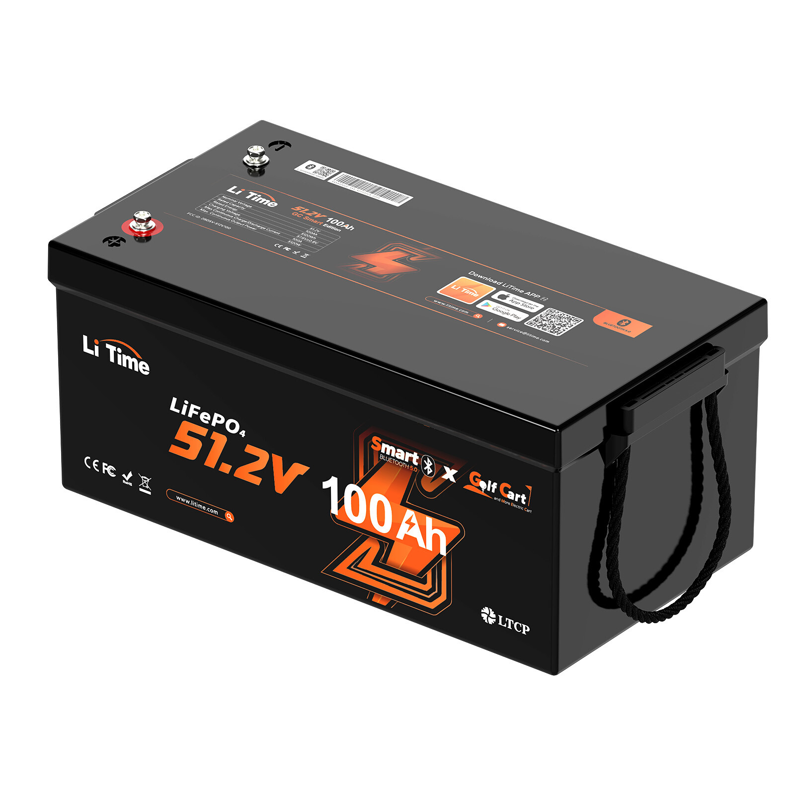 LiTime 48V 100Ah Bluetooth Golf Cart LiFePO4 Lithium Battery + 58.4V 18A Charger