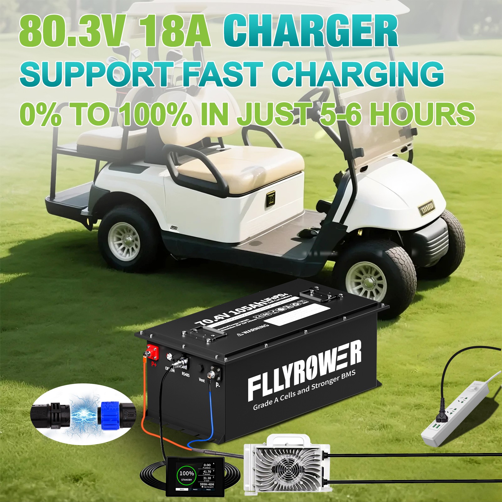 72V 105Ah Golf Cart LiFePO4 Lithium Bluetooth Battery 200A BMS +Monitor+Charger