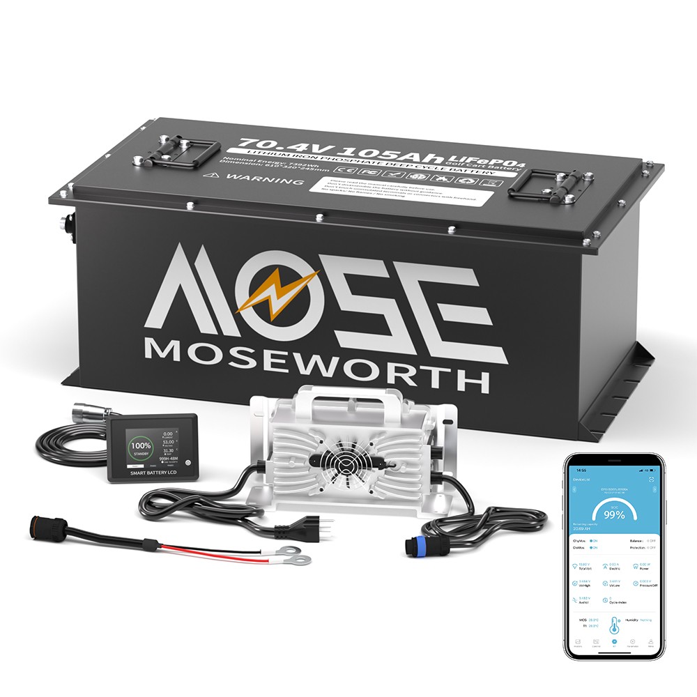72V 105Ah Golf Cart LiFePO4 Lithium BT Battery 200A BMS+Monitor+80.3V18A Charger