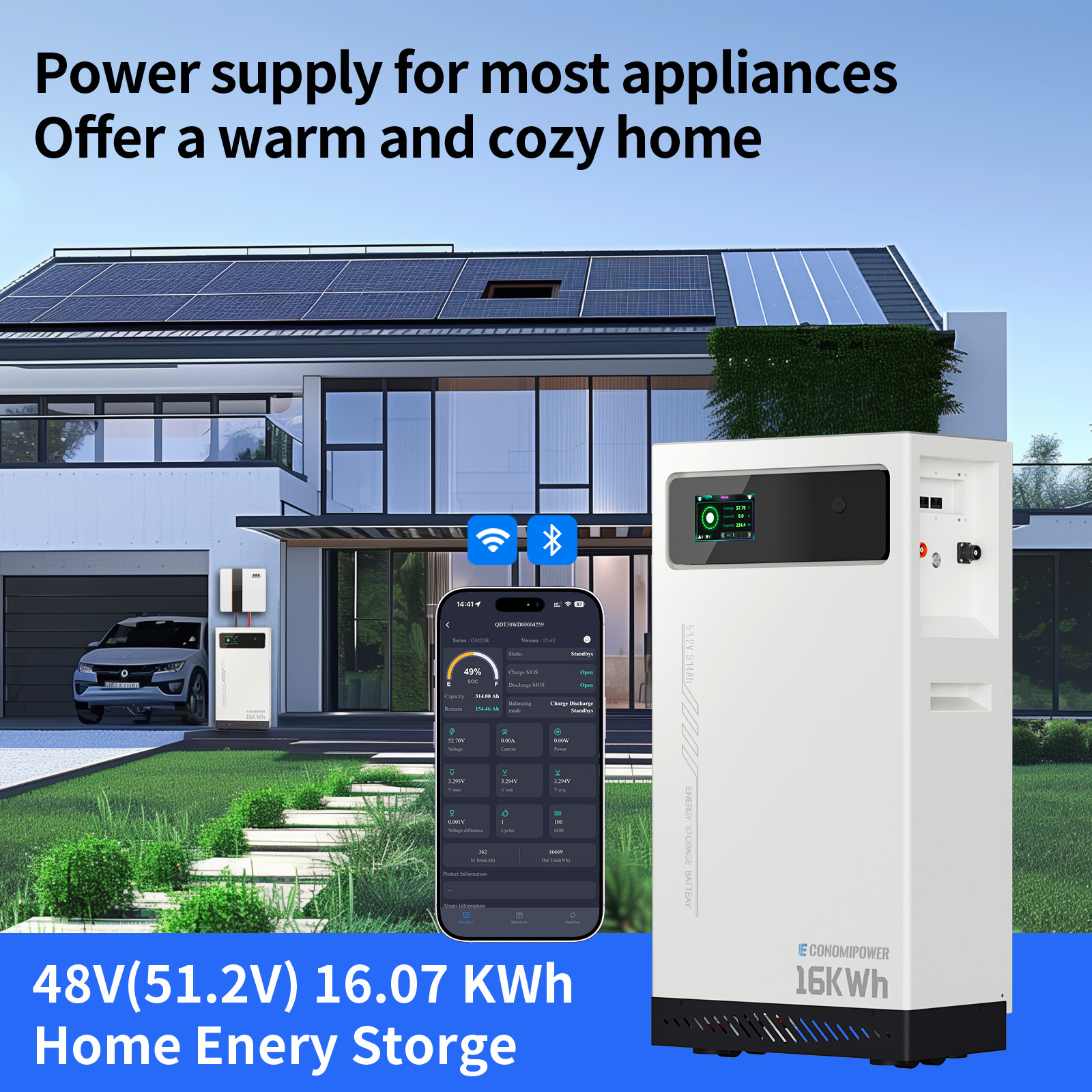 51.2V 314Ah LiFePO4 Battery 16kWh 200A BMS Deep Cycle Home Off-Grid Solar Backup