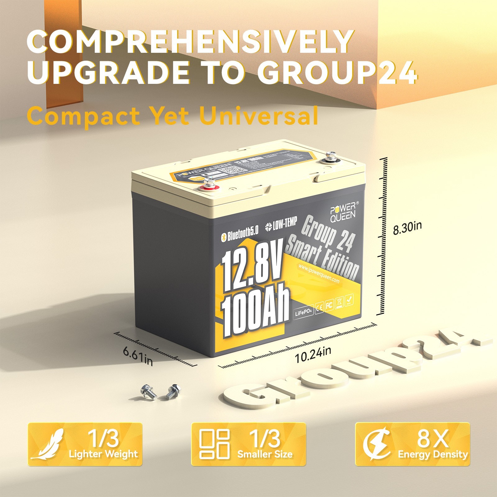 Used Power Queen 12V 100Ah Bluetooth Group 24 LiFePO4 Battery for RV Boat