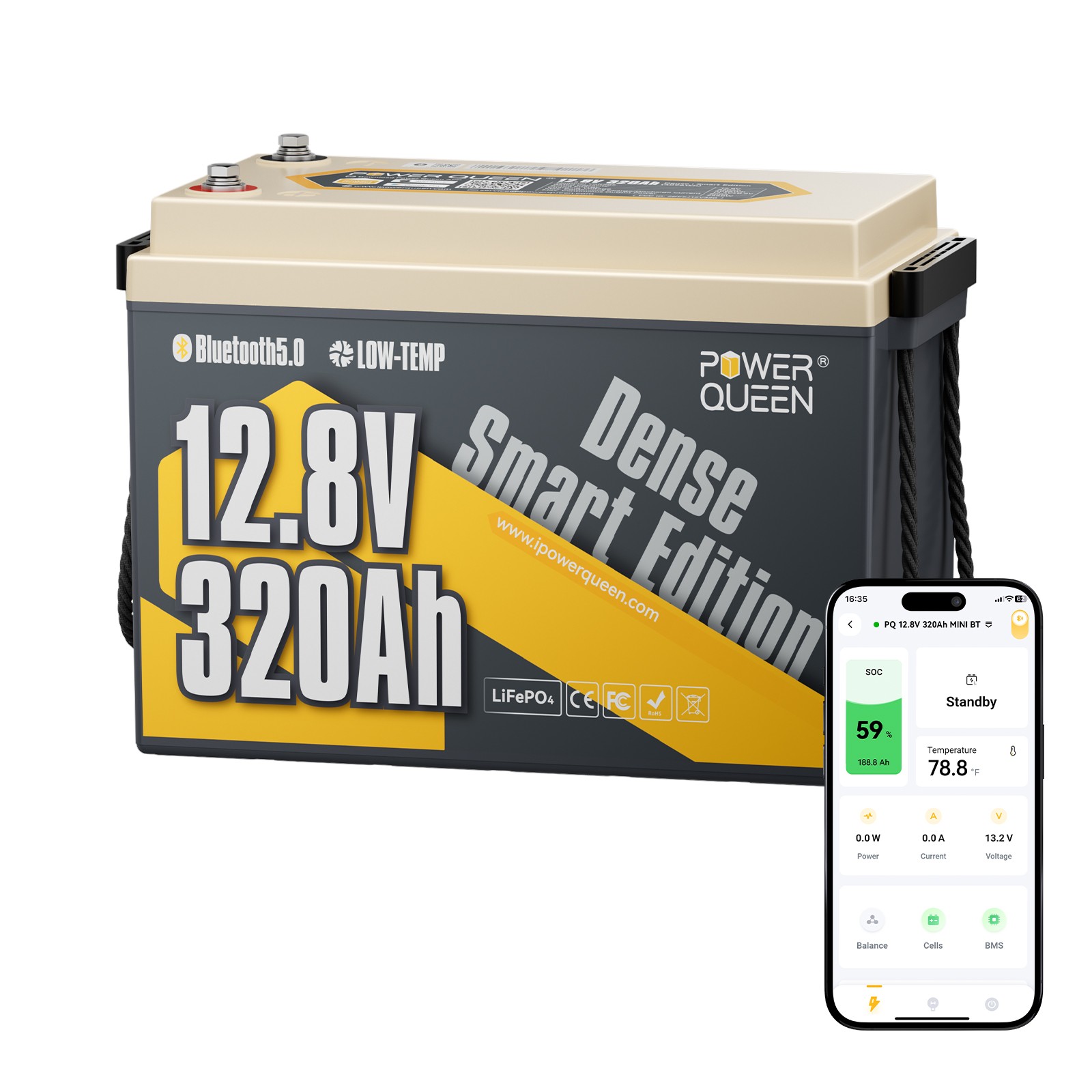 Power Queen 12V 320Ah Mini Bluetooth LiFePO4 Battery for RV,Travel Trailer