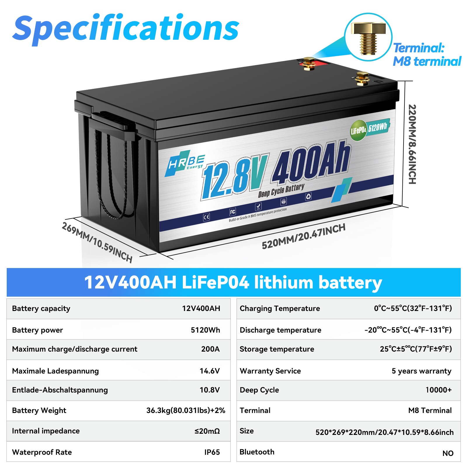 12V 400Ah LiFePO4 Lithium Battery 200A BMS 5.12kW 15000+Cycle Solar RV Off-grid