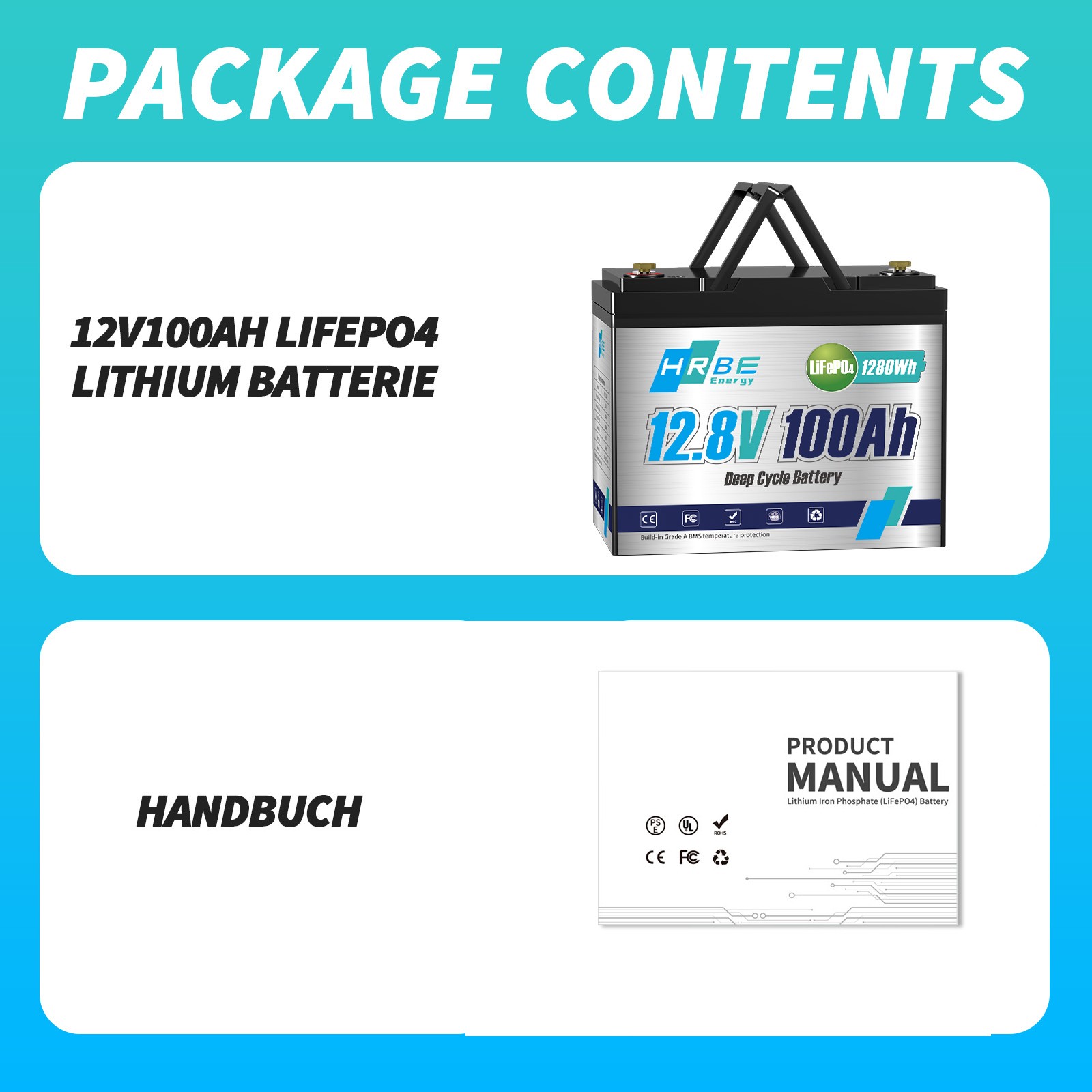 HRBEENERGY 2 Pack 12V 100Ah LiFePO4 Deep Cycle Lithium Battery BMS for Solar RV