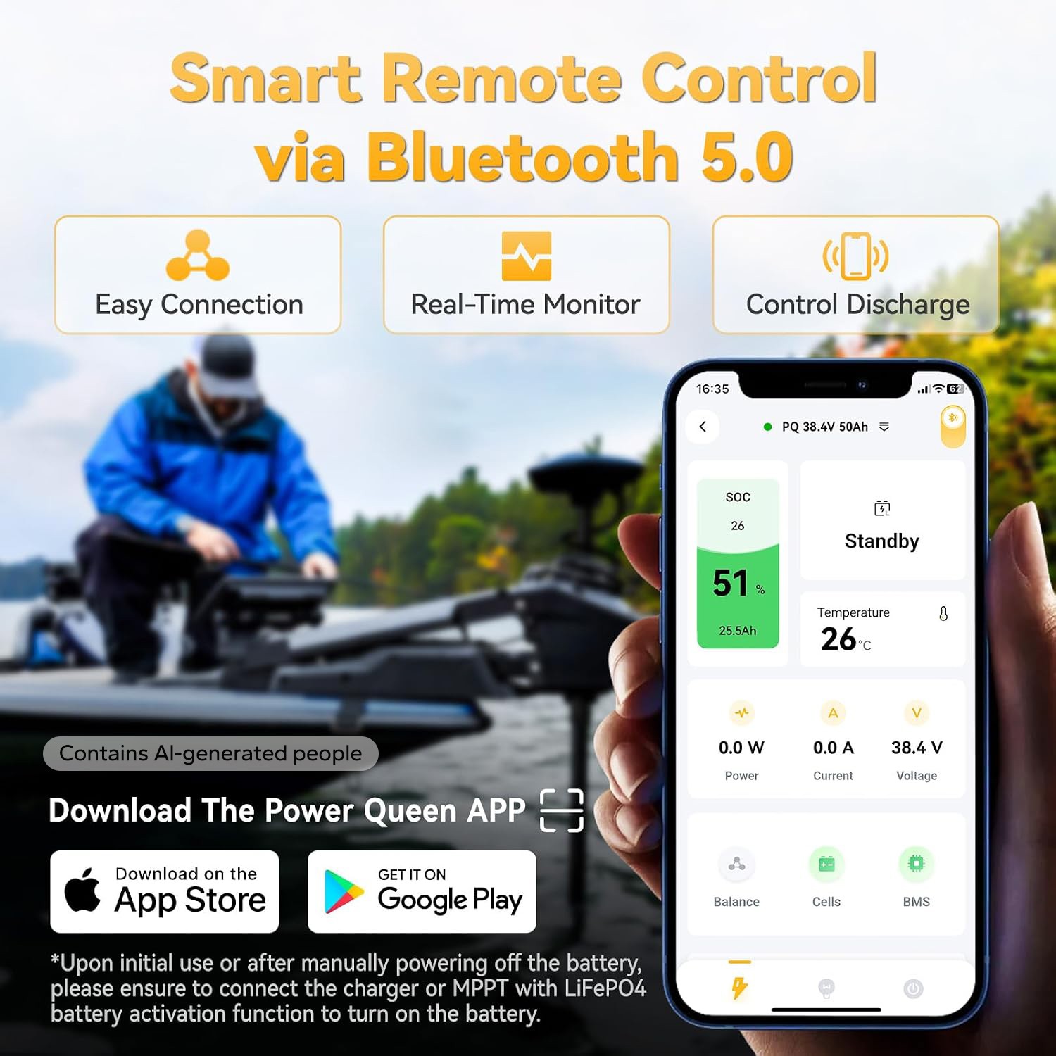 Power Queen 36V 50Ah Bluetooth LiFePO4 Battery BMS for 100-120lb Trolling Motor