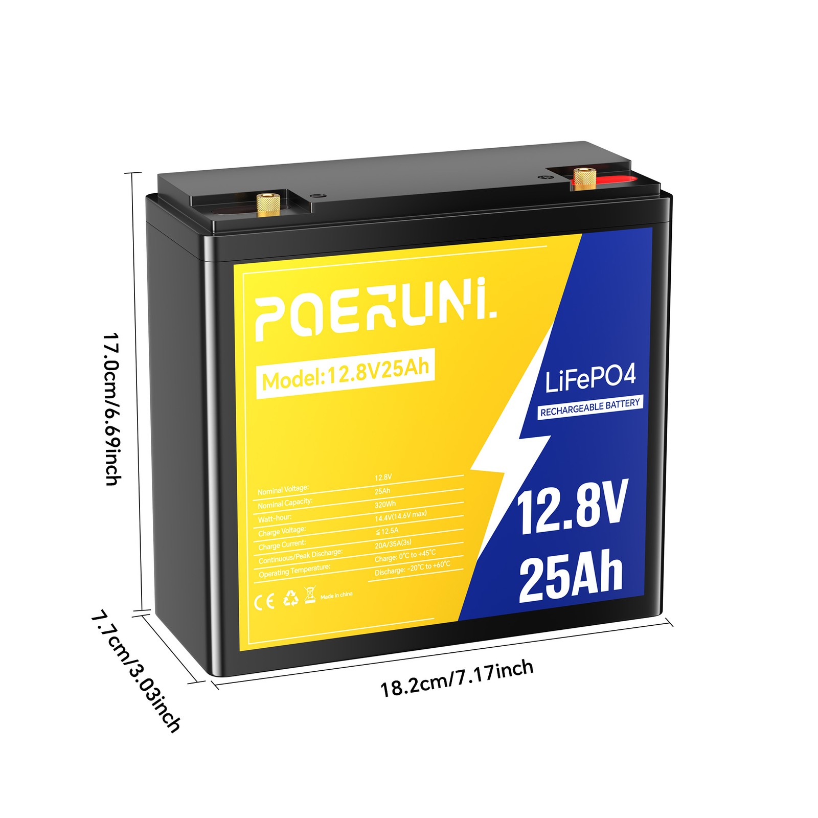 25Ah 12V LiFePO4 Lithium Battery Built-in BMS Deep Cycle for Solar RV Off-grid