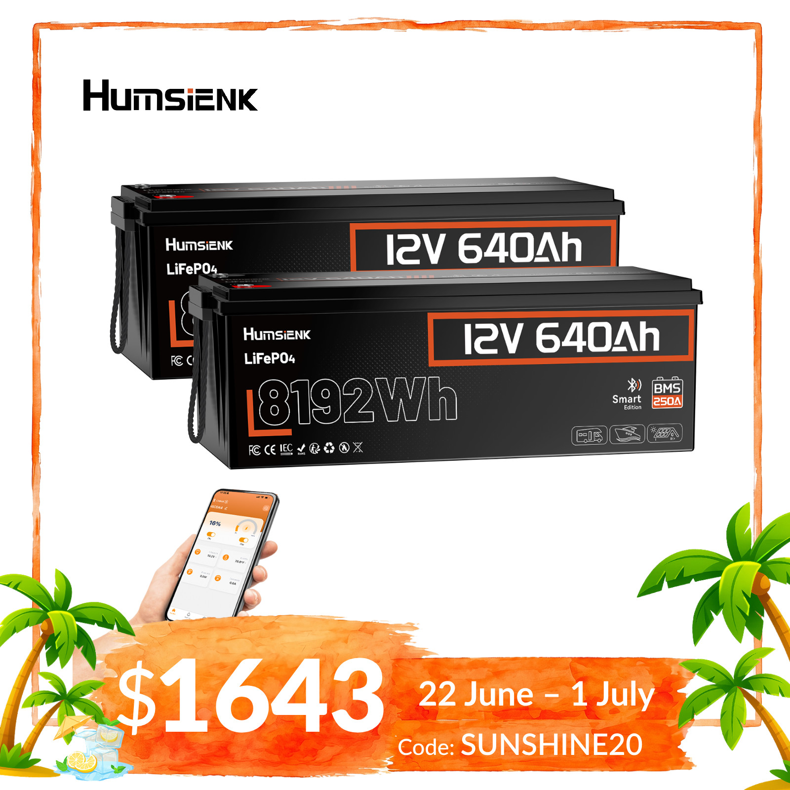 2Pack 12V 640Ah 16384Wh LiFePO4 Lithium Battery 250A BMS Bluetooth APP Off-grid