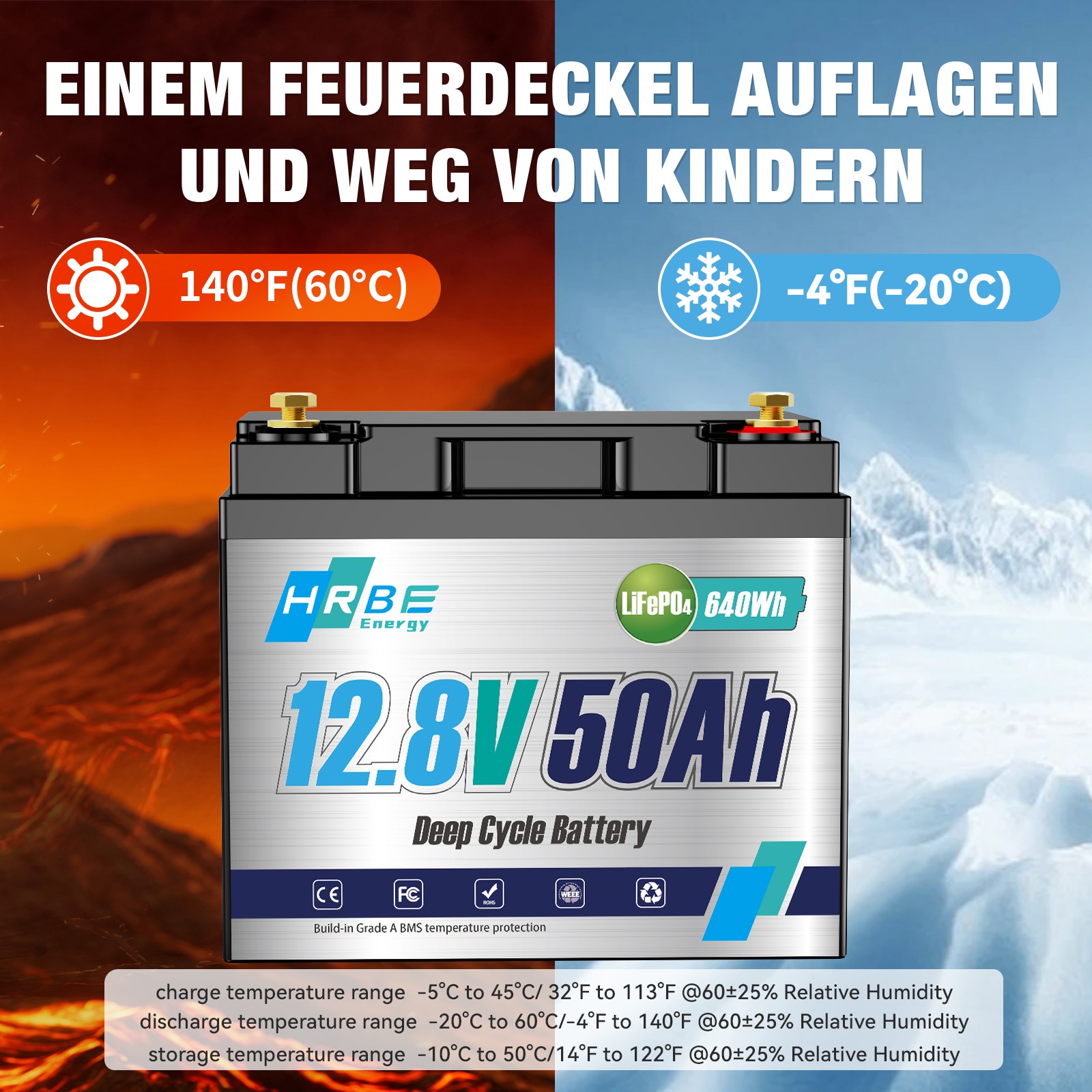 12V 50Ah Deep Cycle Lithium Battery LiFePO4 640Wh BMS for RV Solar Boat Off-grid
