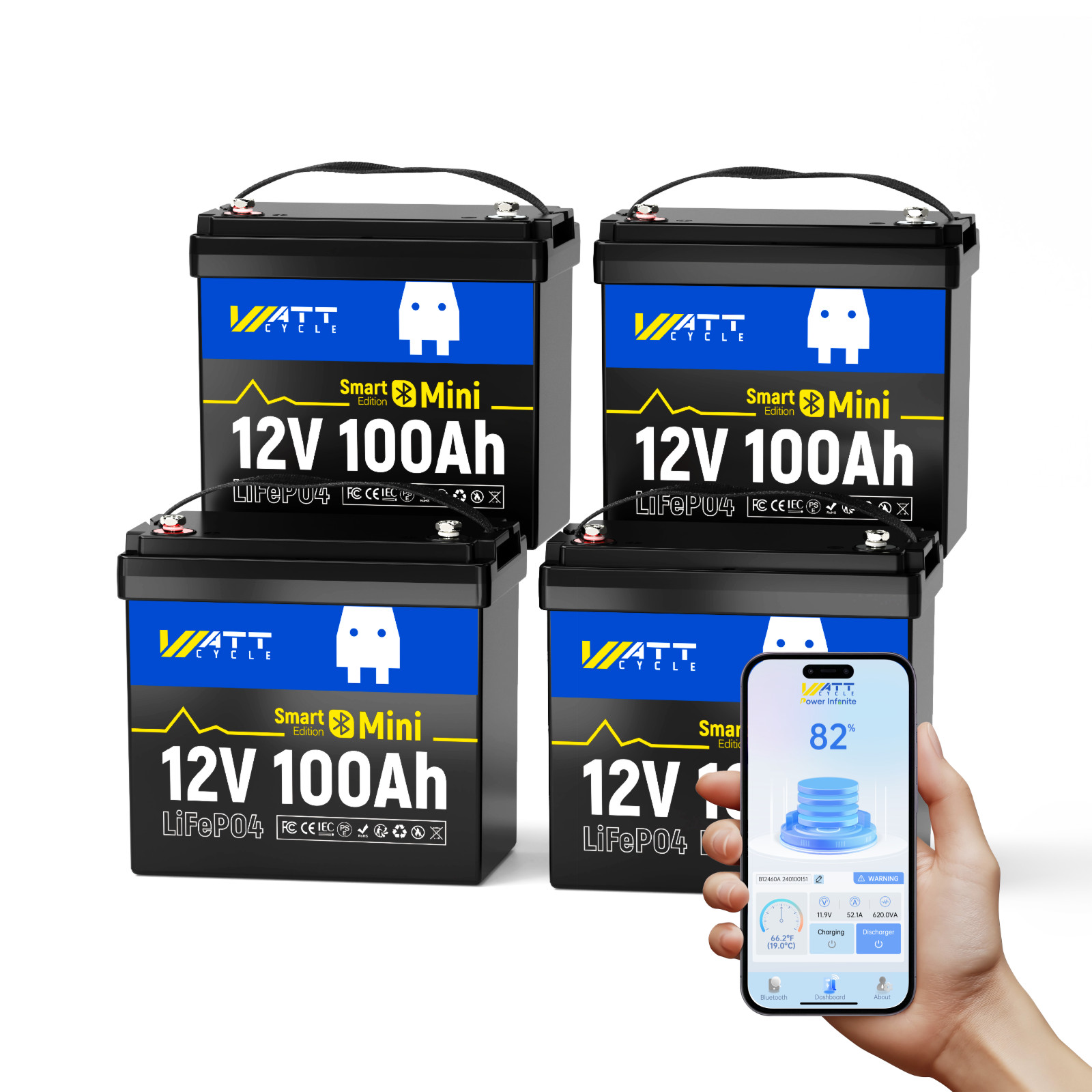 5120Wh 4Pack 12V 100Ah LiFePO4 Battery 15000+ Cycle Bluetooth 100A BMS Golf Cart