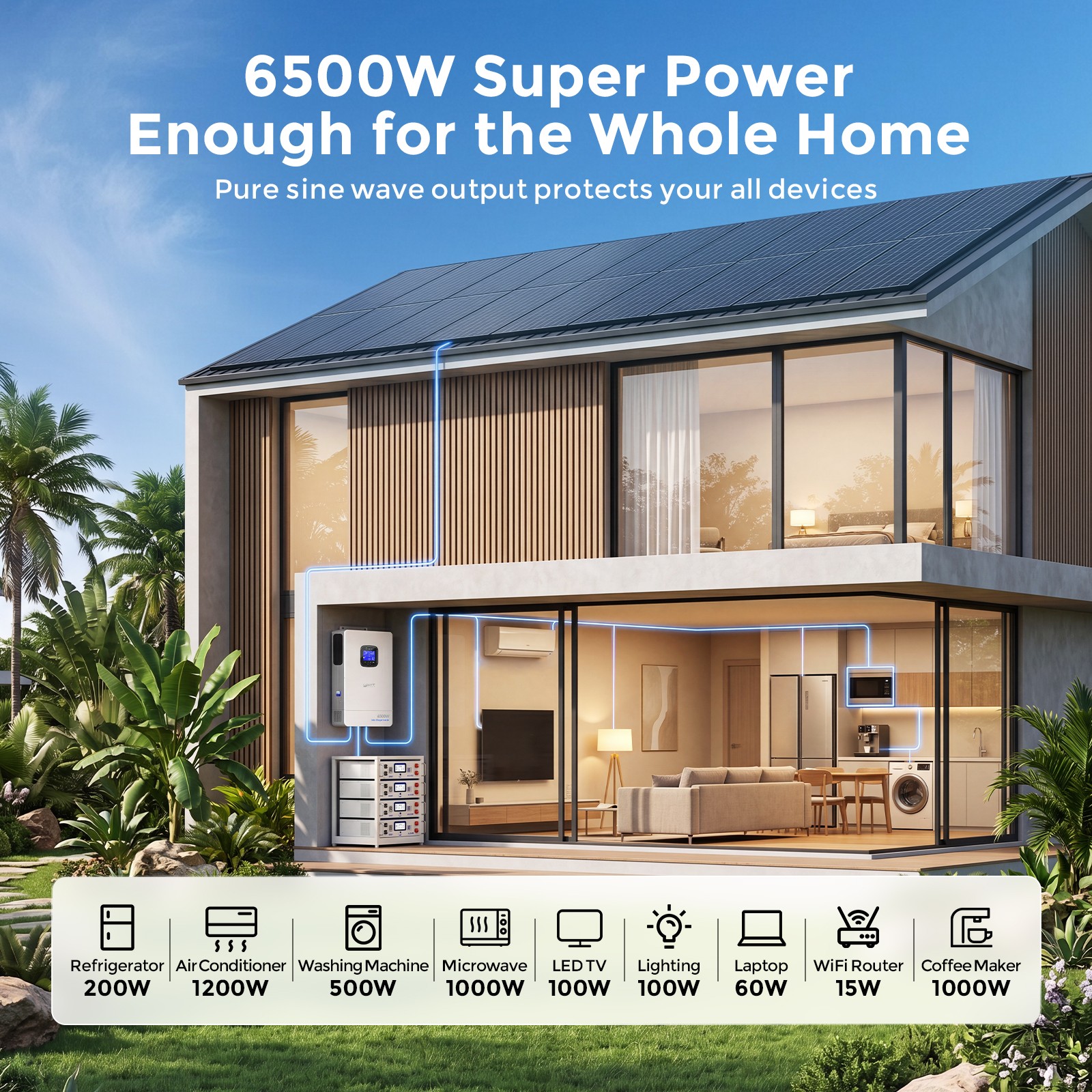 WattCycle 48V 6500W Single Phase Solar Inverter 9000W Dual MPPT UPS Home Backup