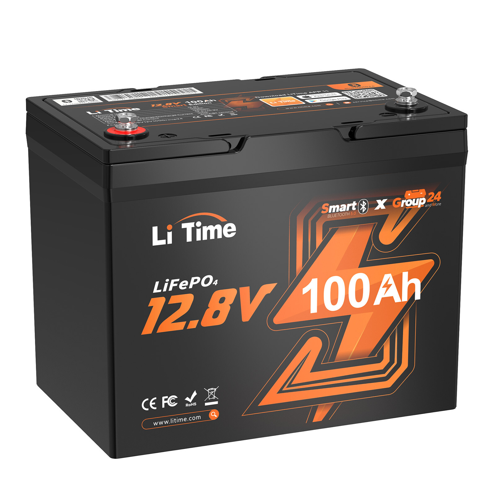 Litime 12V 100Ah Smart Bluetooth Group 24 LiFePO4 Lithium Battery For Solar RV