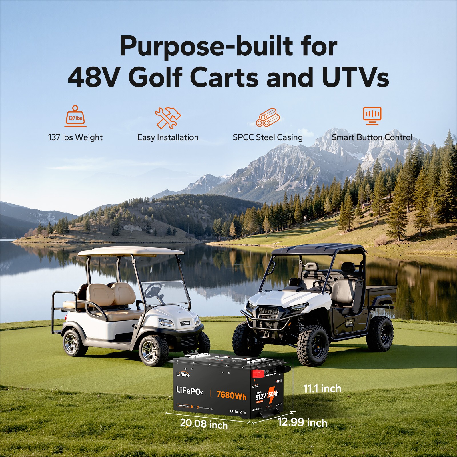 LiTime 48V 51.2V 150Ah Bluetooth Golf Cart Lithium Battery LiFePO4 300A BMS IP65