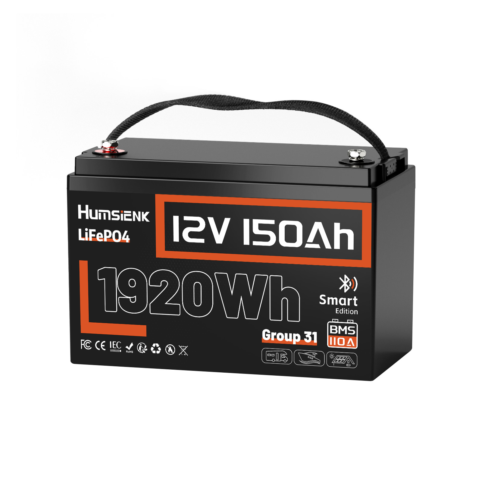 Humsienk 12V 150Ah LiFePO4 Lithium Battery Group 31 BMS Deep Cycle Solar Marine