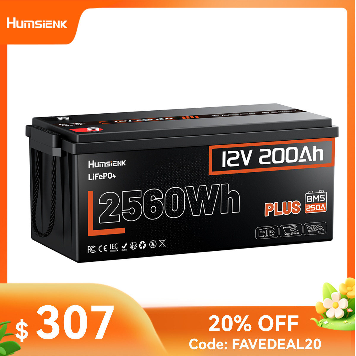 Humsienk 12V 200Ah Plus Lithium LiFePO4 Battery 250A BMS for RV Off-Grid Solar