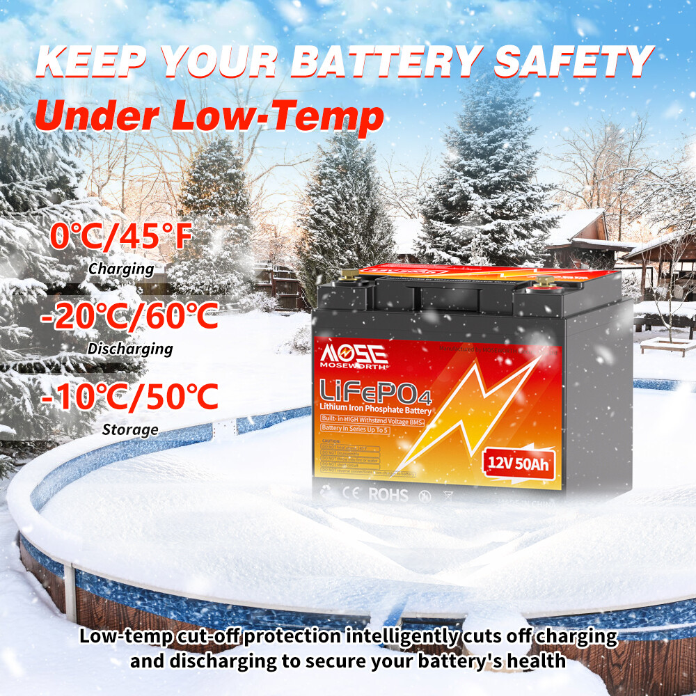 MOSEWORTH 12V 50Ah LiFePO4 Deep Cycle Lithium Battery 50A BMS for Marine Solar
