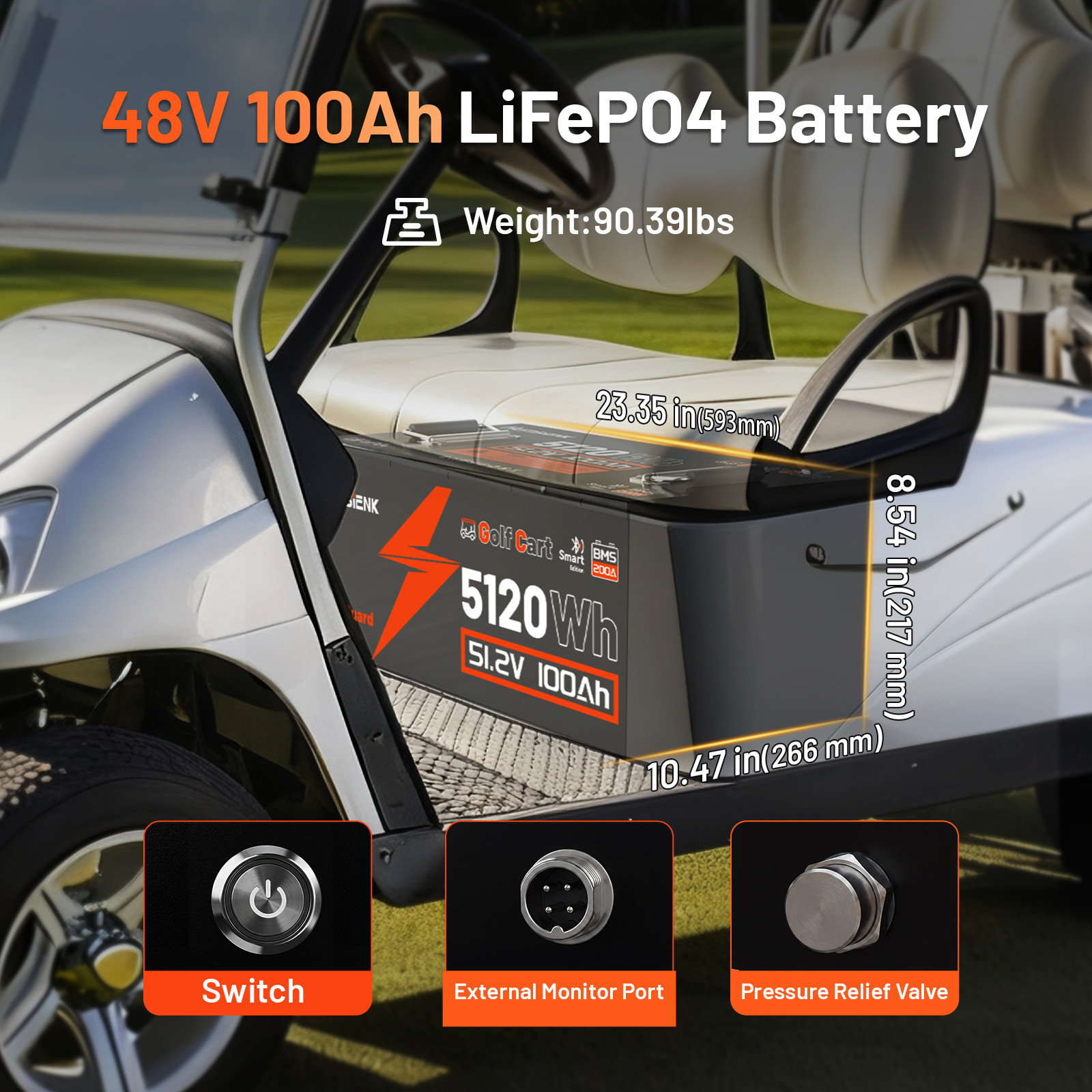 Humsienk 48V 100Ah 5120Wh Golf Cart Battery LiFePO4 Battery Metal Case 200A BMS