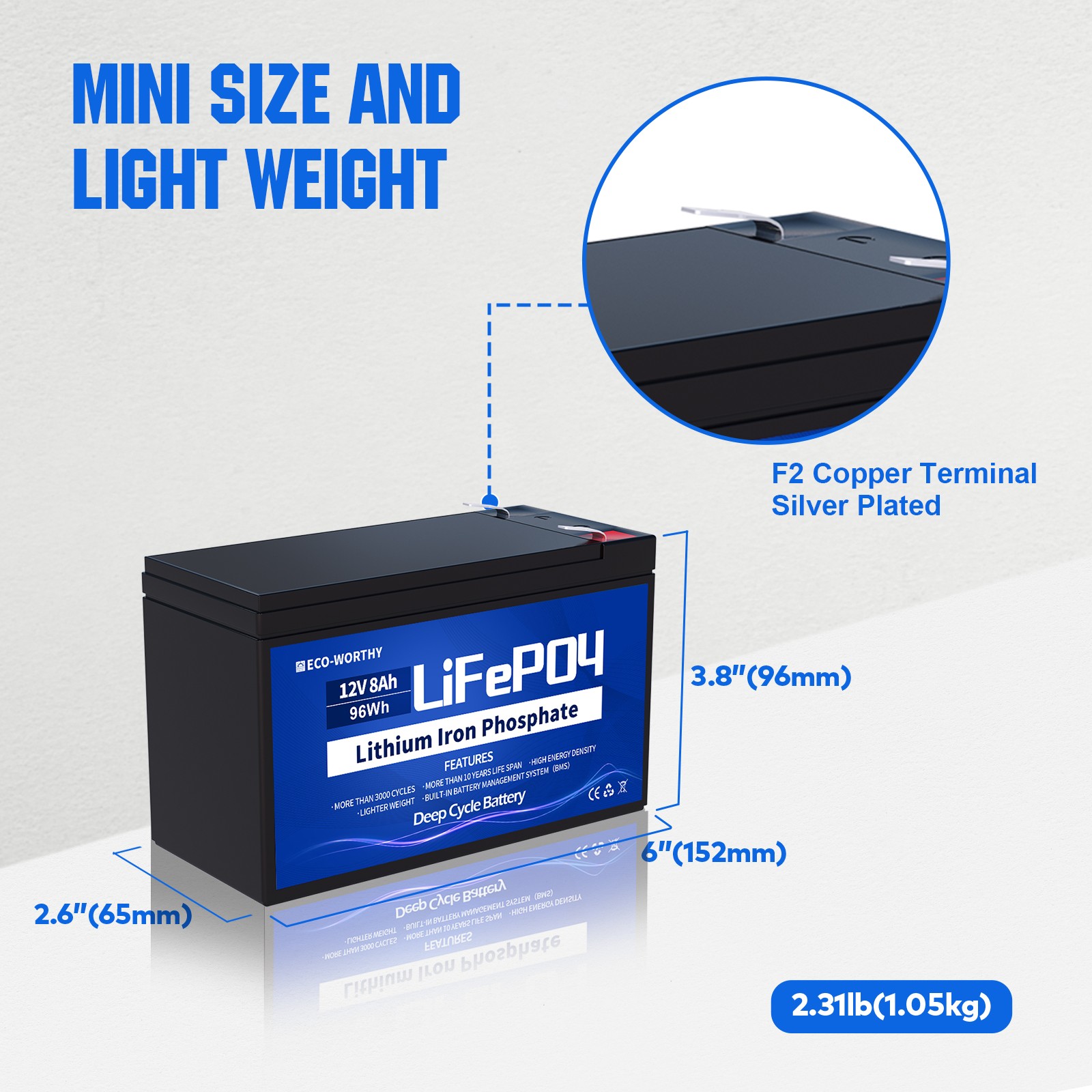 ECO-WORTHY 2 Pack 102Wh 12V 8AH LiFePO4 Lithium Battery for UPS