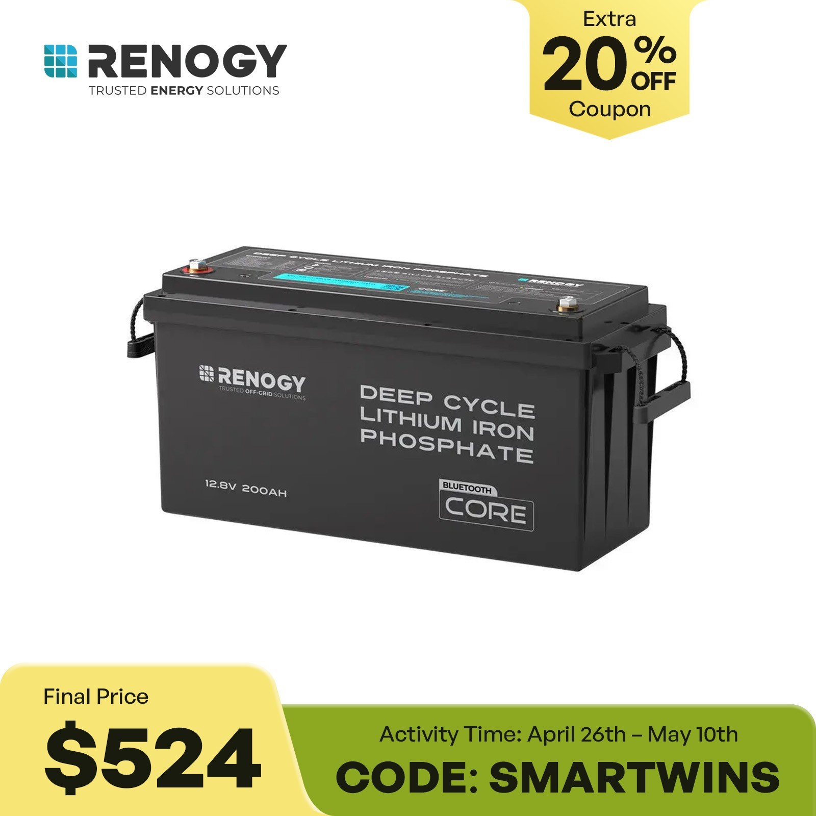 Renogy 12V 200Ah Lithium LiFePO4 Deep Cycle Battery 200A BMS For Trolling motor