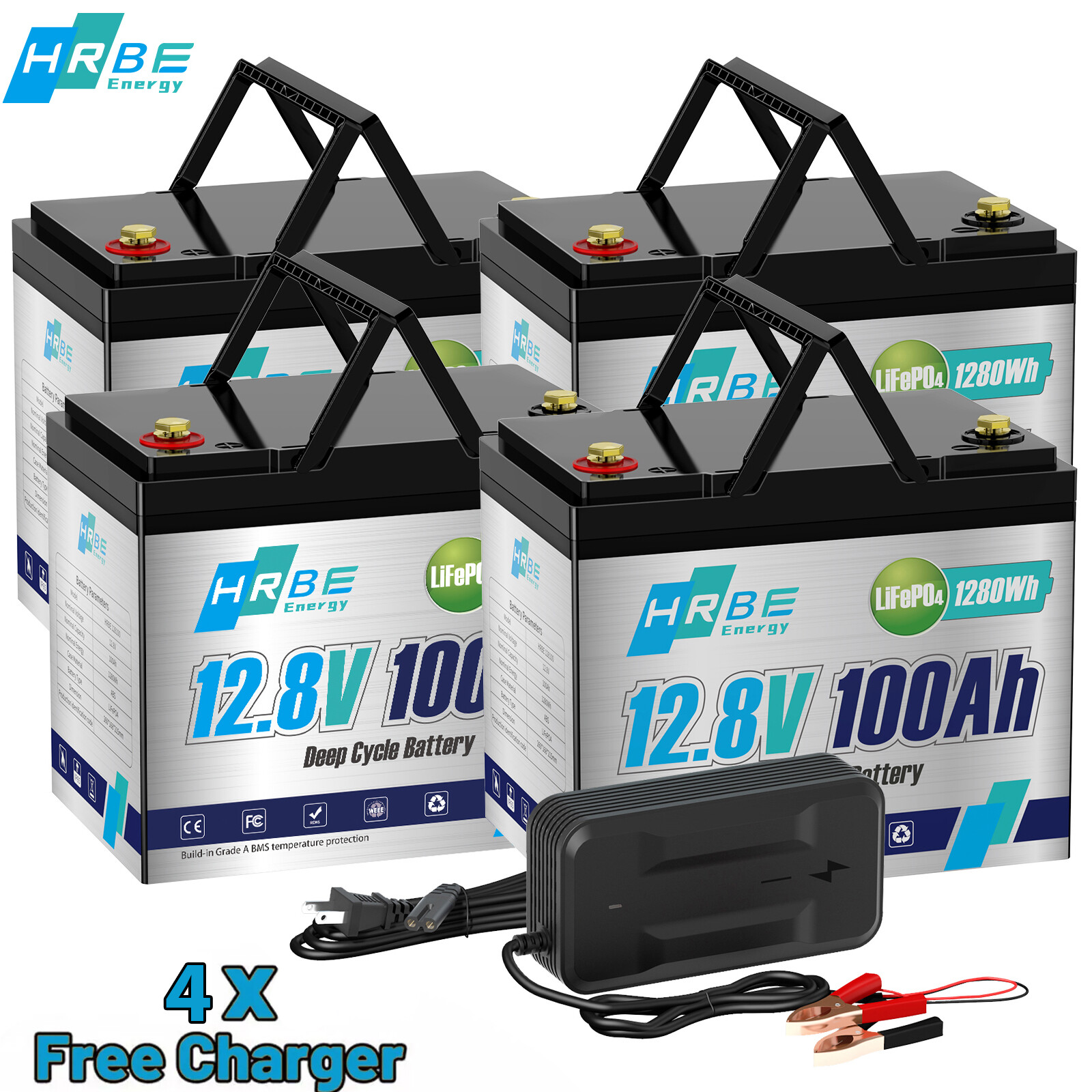 4PCS 12V 100A Mini LiFePO4 Lithium Battery 12V 400Ah with Charger Deep Cycle