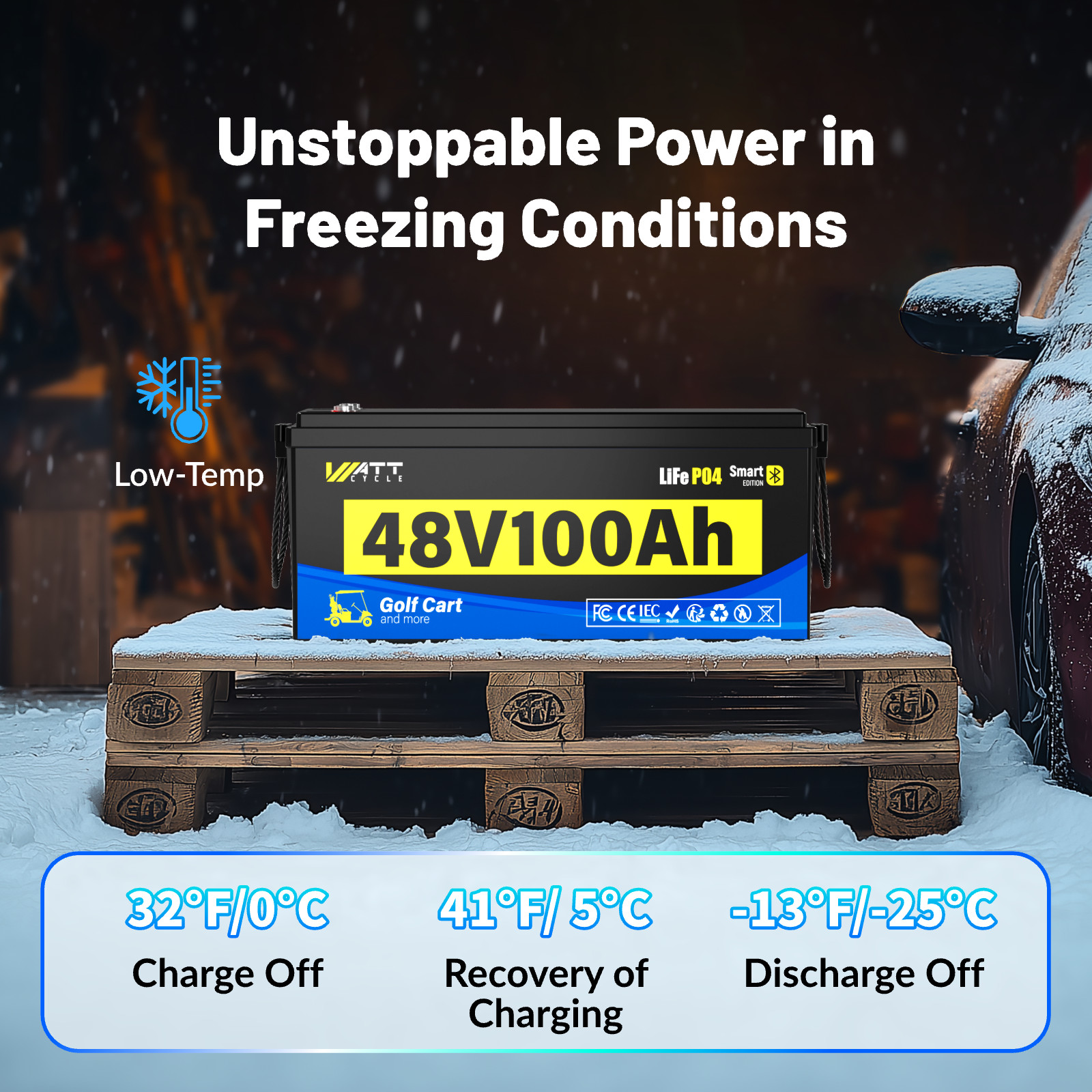 WattCycle 48V 100Ah LiFePO4 Golf Cart Battery Bluetooth + 15A Charger Included