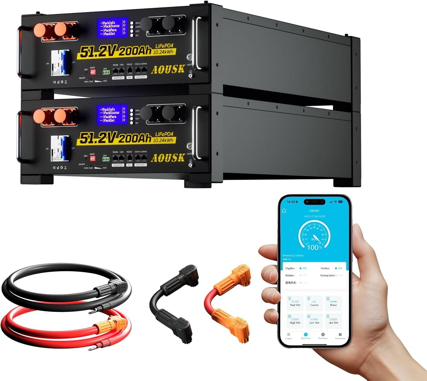 2Pack 10KW 48V 200Ah LiFePO4 Battery Server Rack 51.2V Backup Power Off-Grid