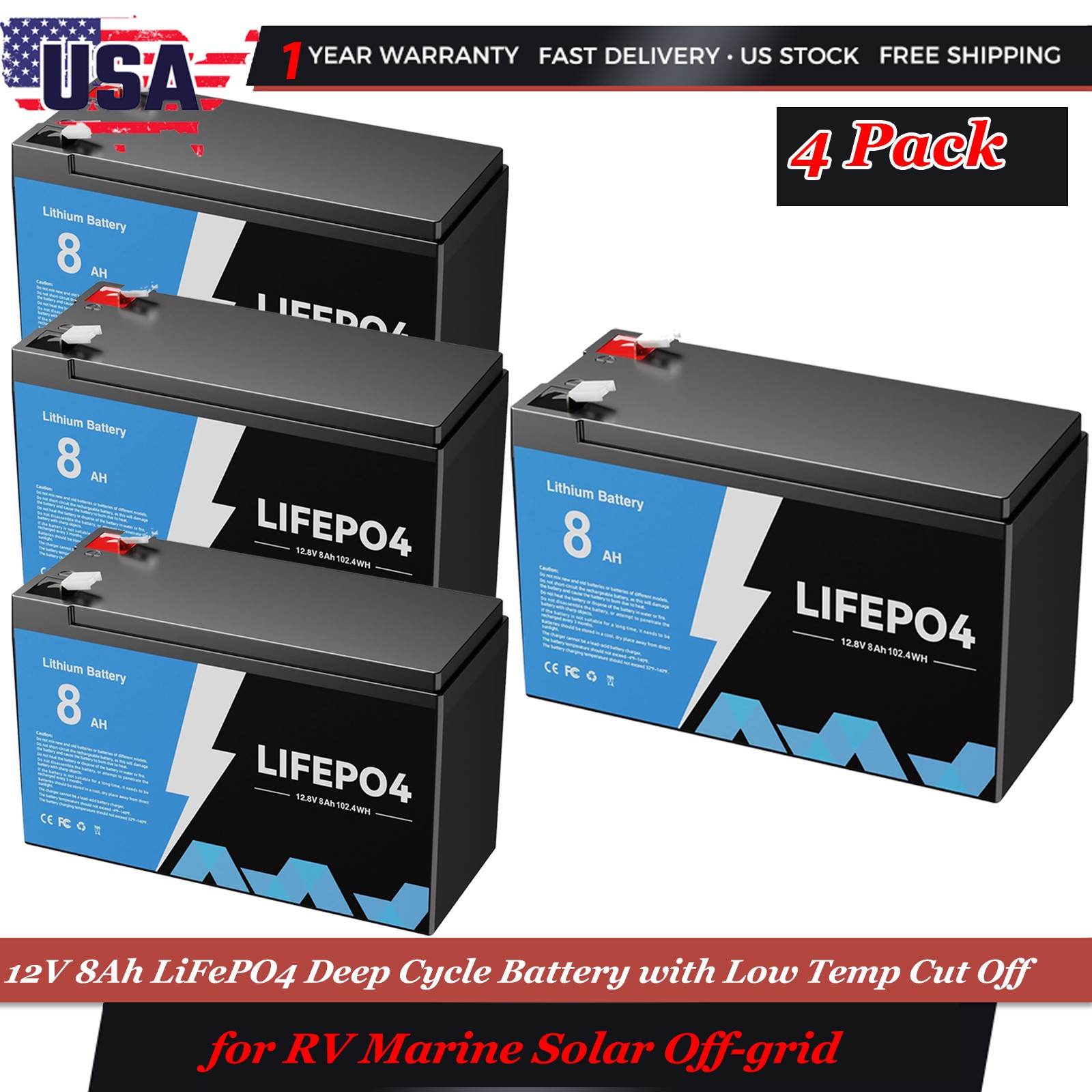 4x 12V Lifepo4 Lithium Battery 5000+ Deep Cycles 8Ah for RV Marine Solar System