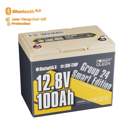 Power Queen 12V 100Ah Bluetooth Group 24 LiFePO4 Battery BMS for Solar RV Marine