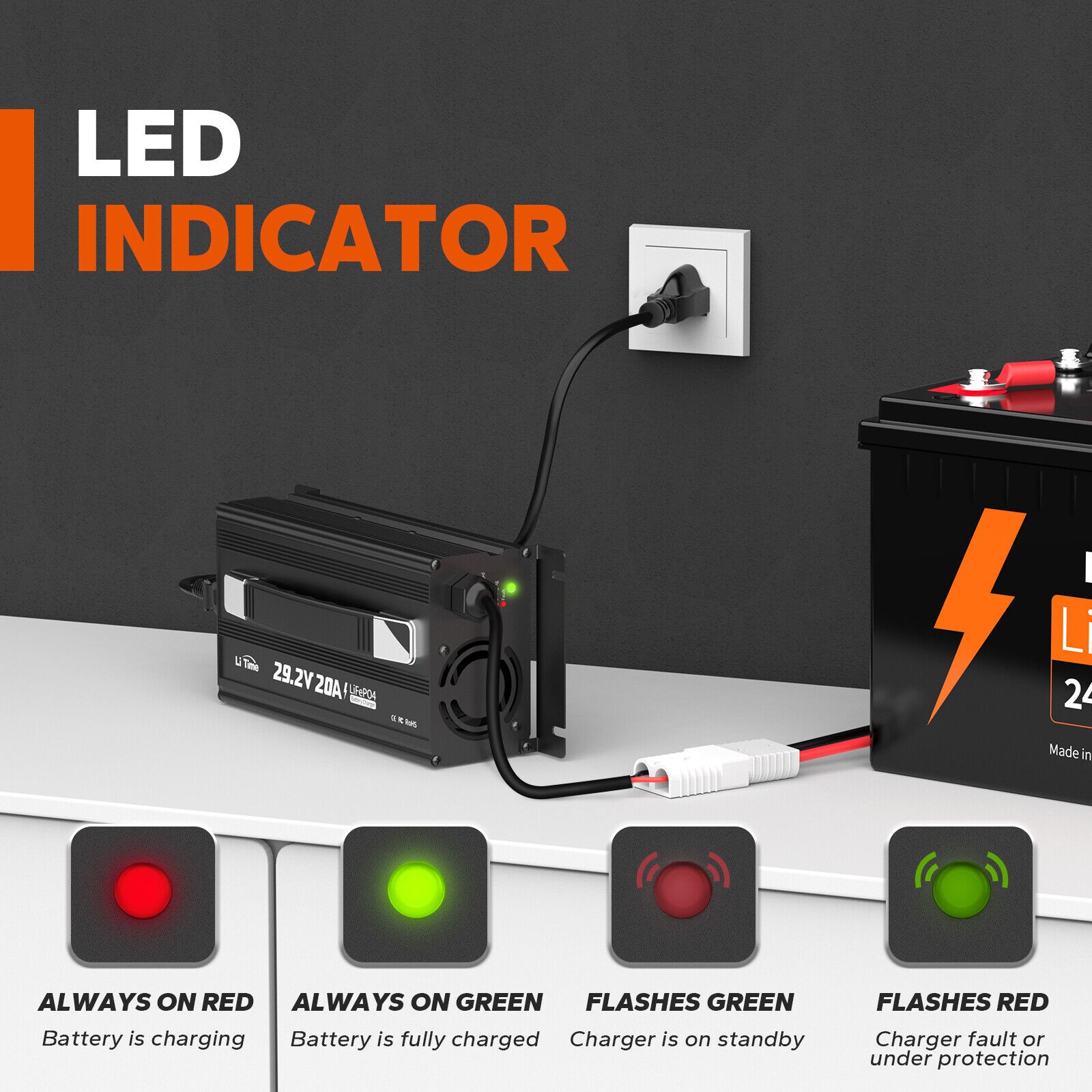 Litime 24V 100Ah LiFePO4 Lithium Battery with 20A Charger For RV Marine Solar