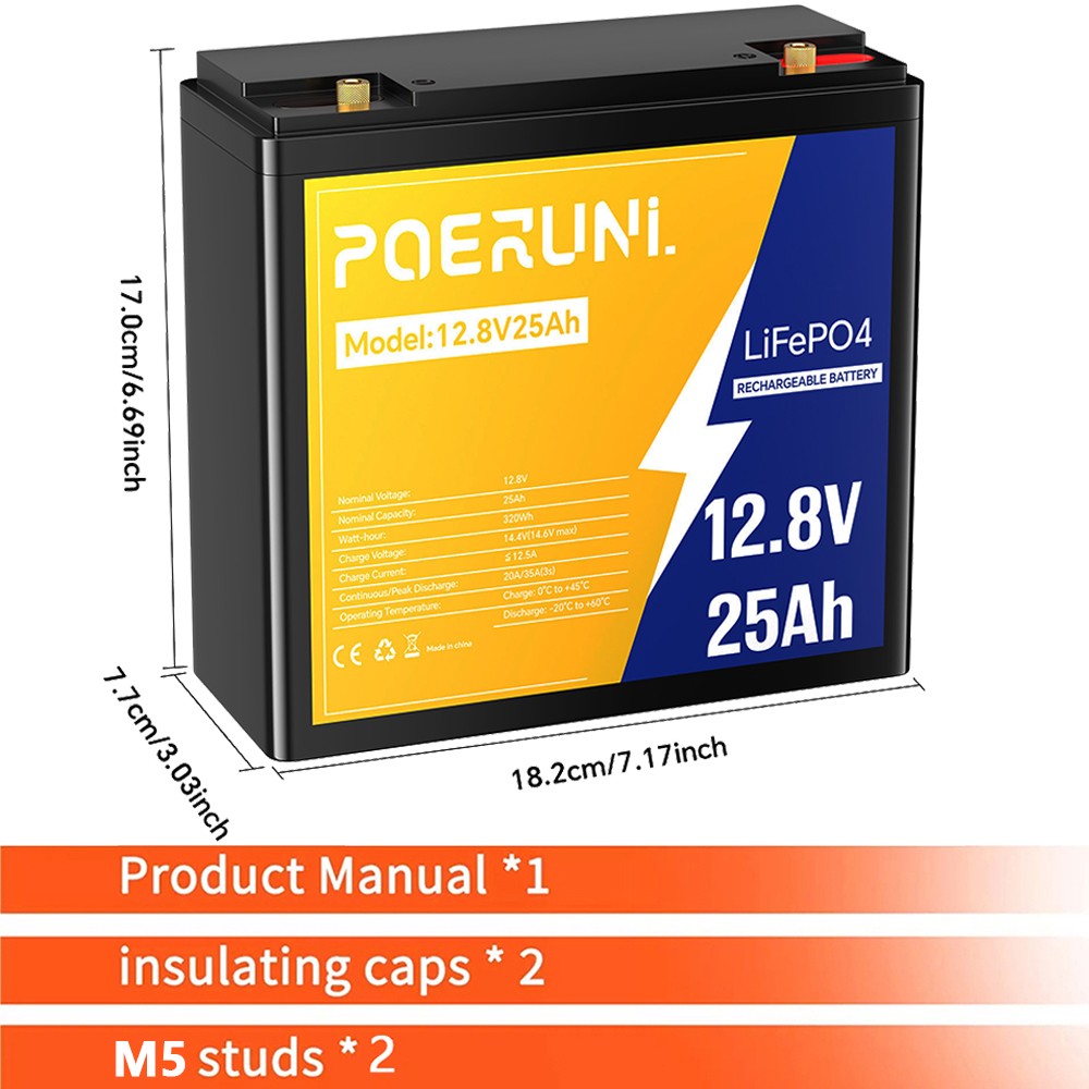 25Ah 12V LiFePO4 Lithium Battery Built-in BMS Deep Cycle for Solar RV Off-grid