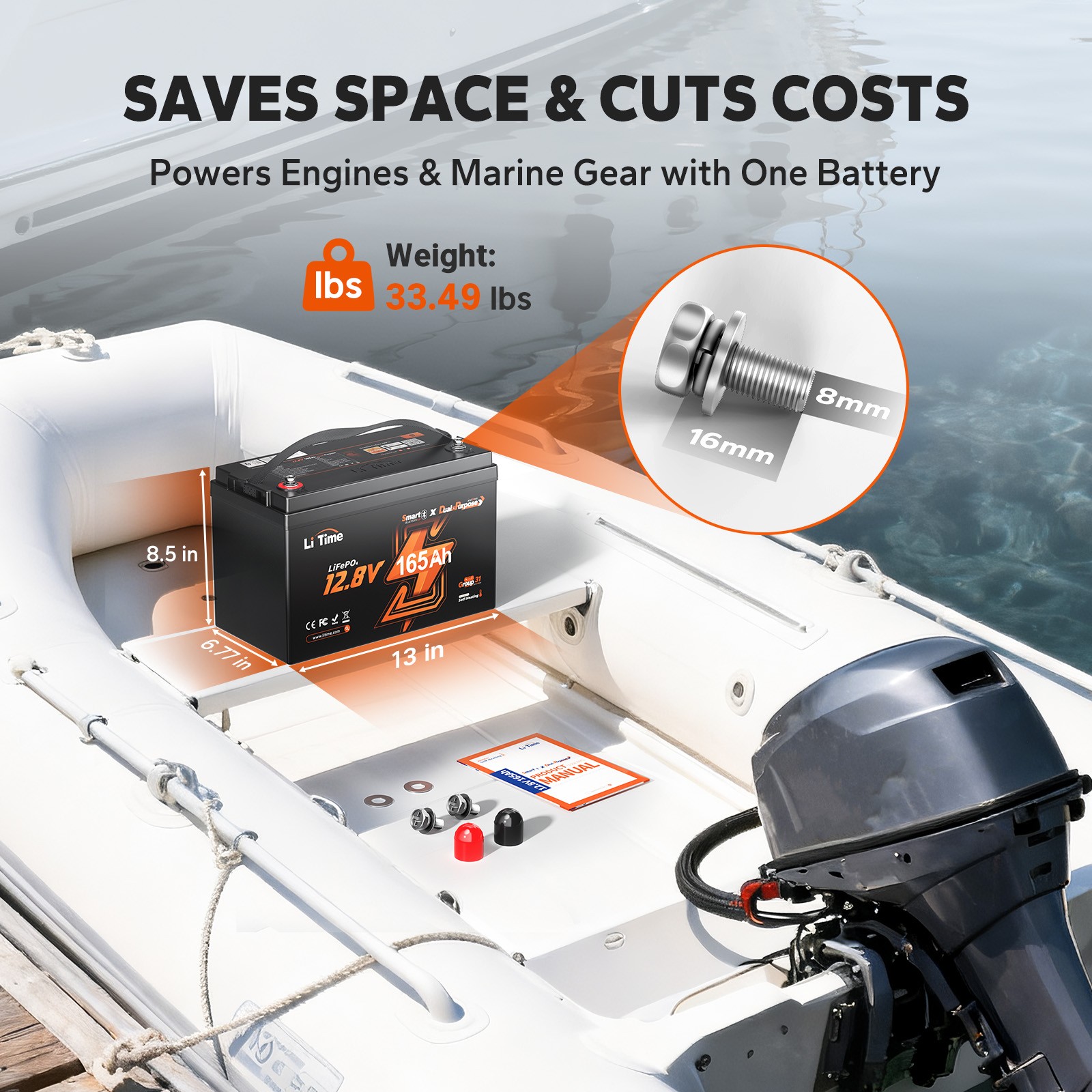 LiTime 12V 165Ah Dual Purpose Marine Lithium Battery 1200 CCA with Bluetooth