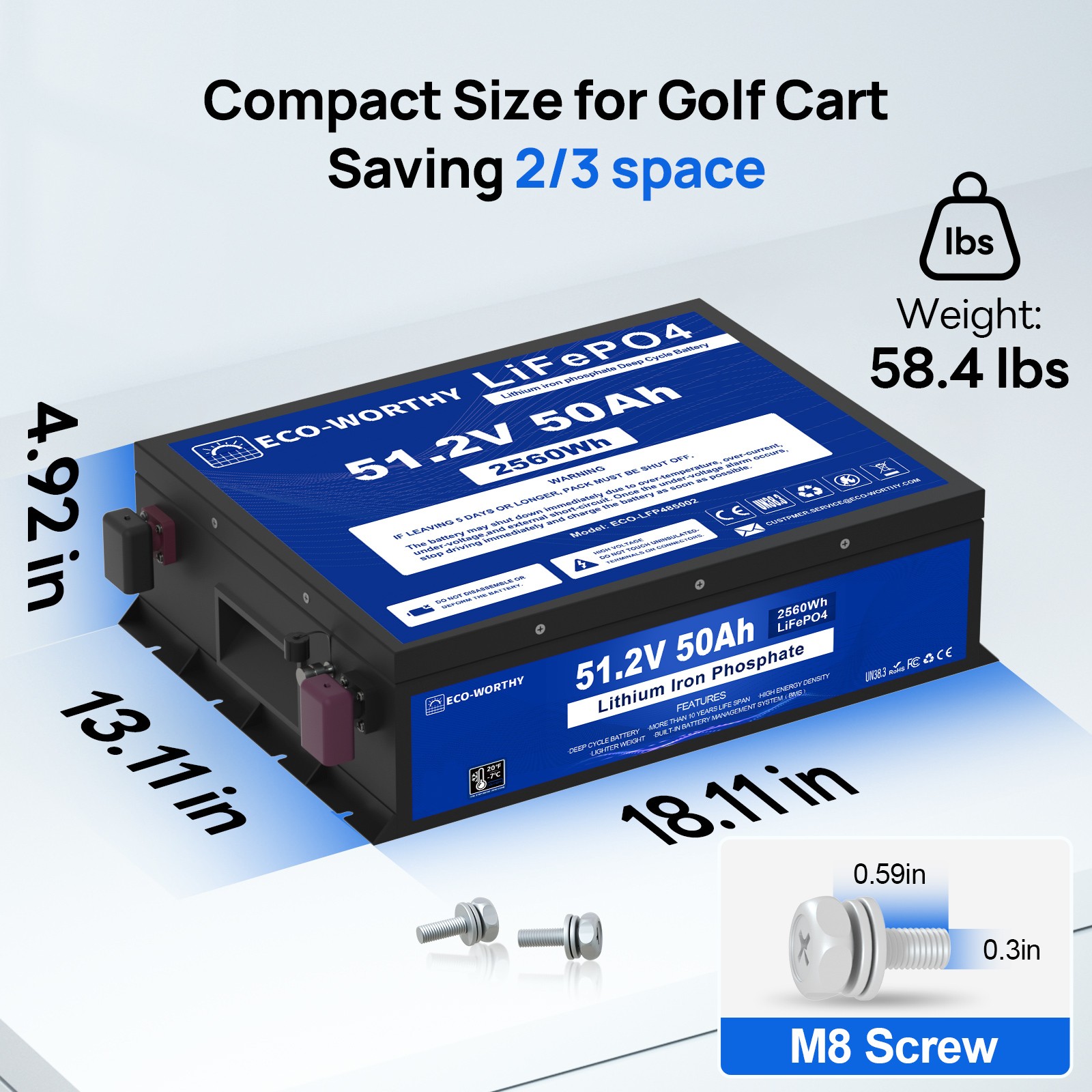 ECO-WORTHY 48V 50Ah LiFePO4 Lithium Battery Golf Cart Monitor with 18A Charger