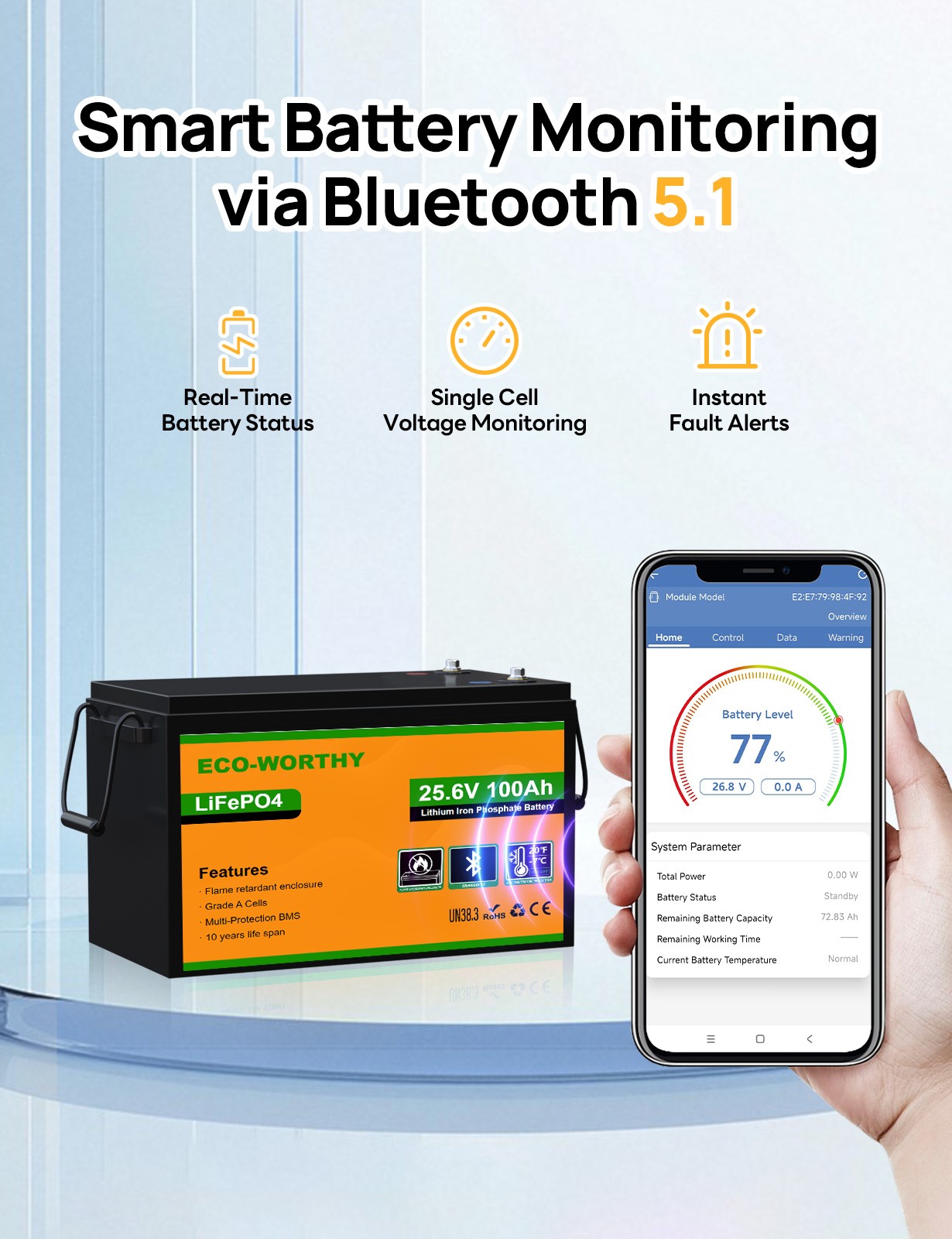 ECO-WORTHY 24V 100Ah LiFePO4 Lithium Battery Metal Case BMS 3000+Deep Cycles