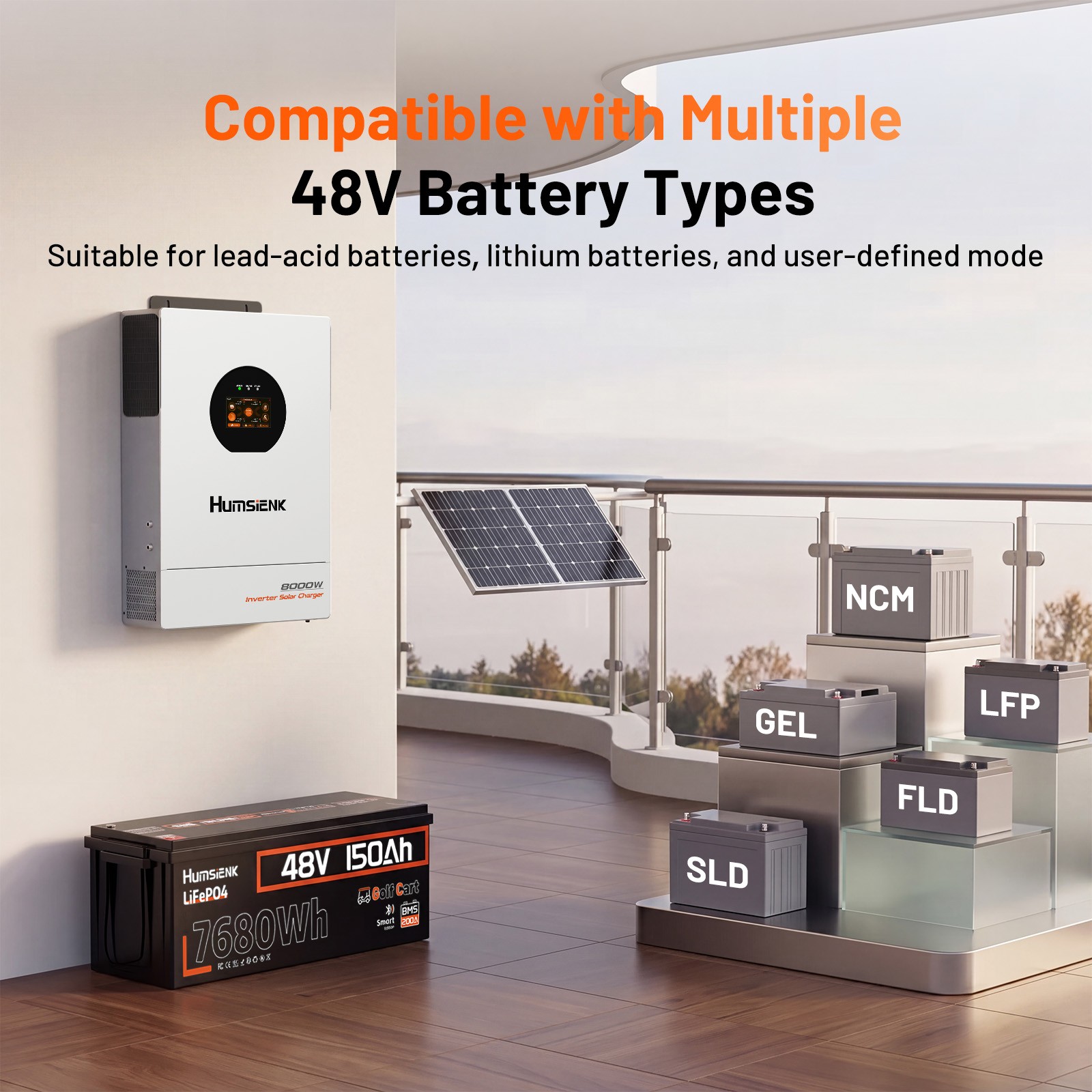 48V 100Ah 5120Wh Golf Cart Battery + Solar Hybrid 8KW Inverter 120/240V