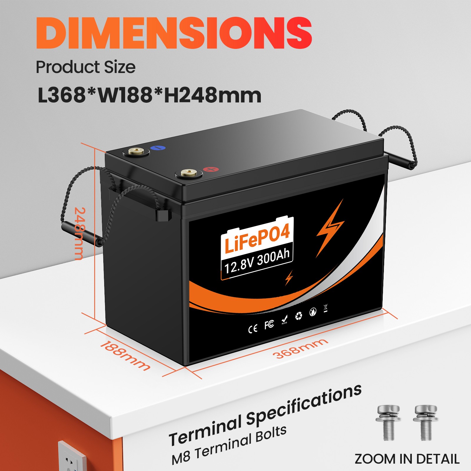 12V 100Ah 300Ah LiFePO4 Battery 4000+ Deep Cycles 3840Wh 200A BMS for RV Solar