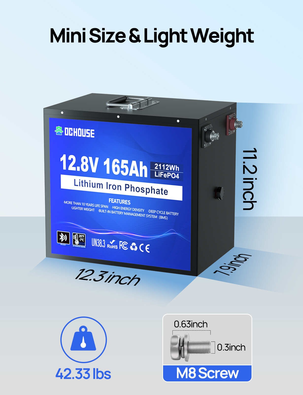 DC HOUSE 12V 165Ah LiFePO4 Lithium Battery Low-Temp Protection Portable Camping