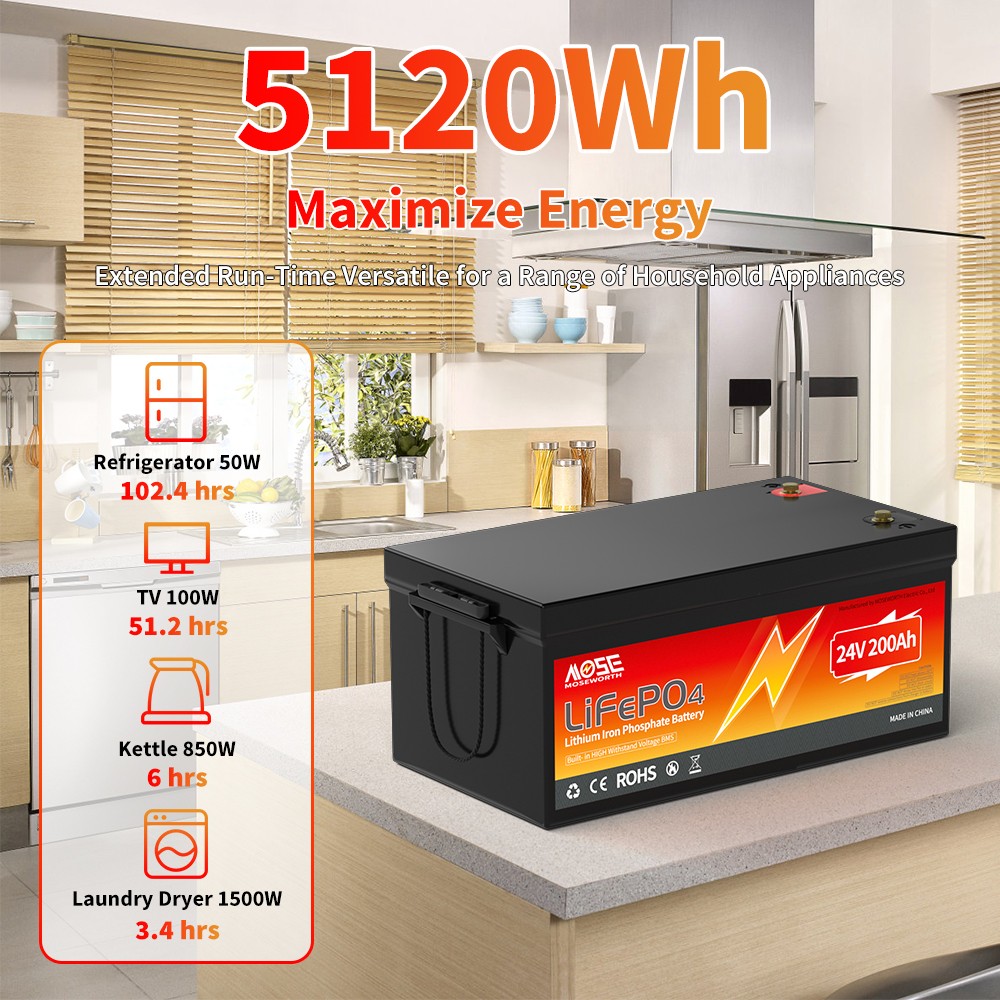 24V 200Ah LiFePO4 Deep Cycle Lithium Battery 200A BMS RV Solar Off-grid Marine