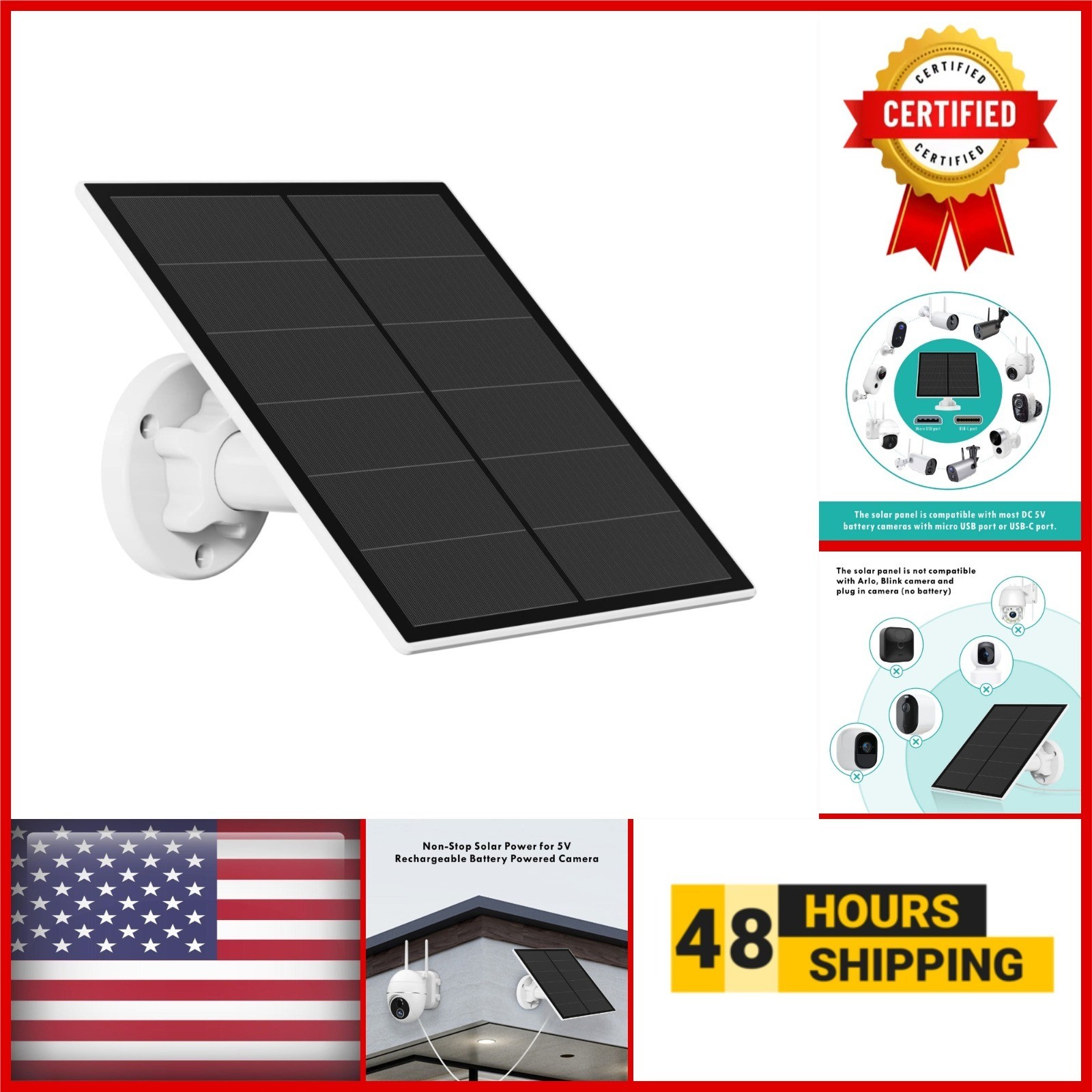 5W Solar Panel for Security Camera Outdoor, USB Charger, IP65 Waterproof