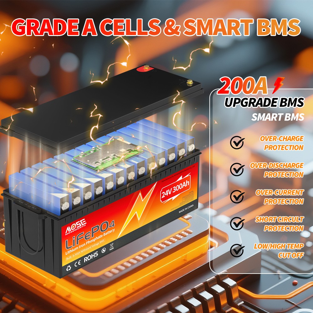 24V 300Ah LiFePO4 Lithium Battery 7680W BMS 20000+Cycle RV Solar Off Grid Boat