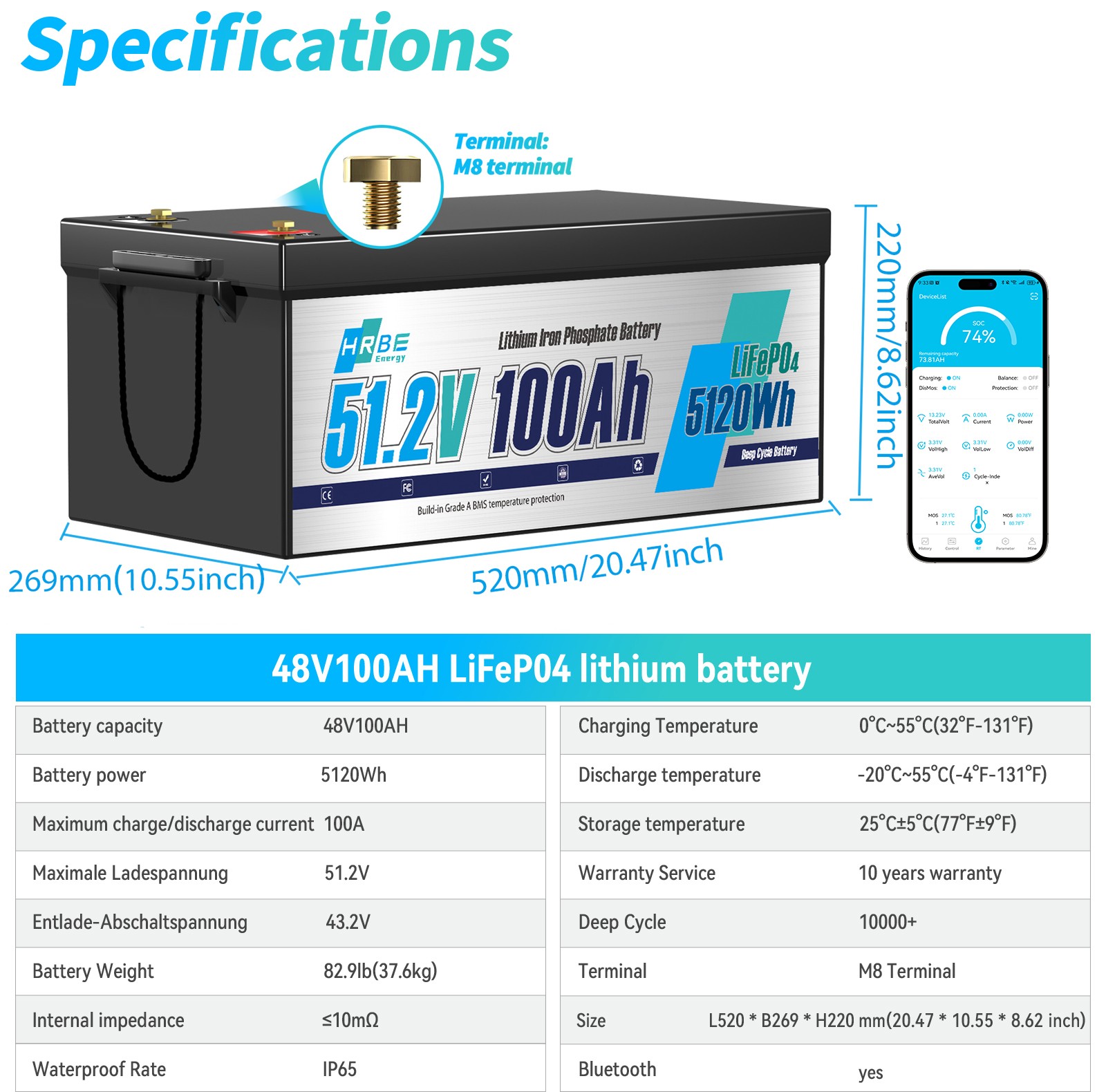 48V 100Ah LiFePO4 Lithium Battery 200A BMS 10240W for Trolling Motor Golf Cart