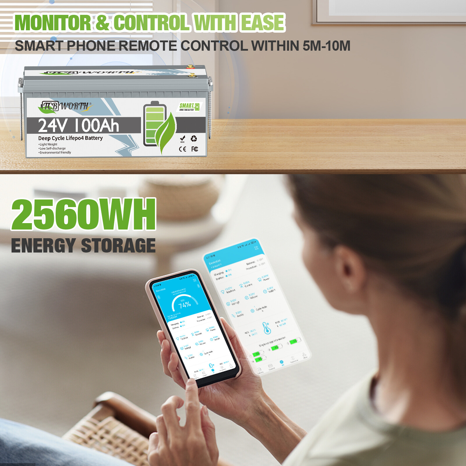 24V 100Ah LiFePO4 Lithium Battery Smart for RV Camping Marine Solar System