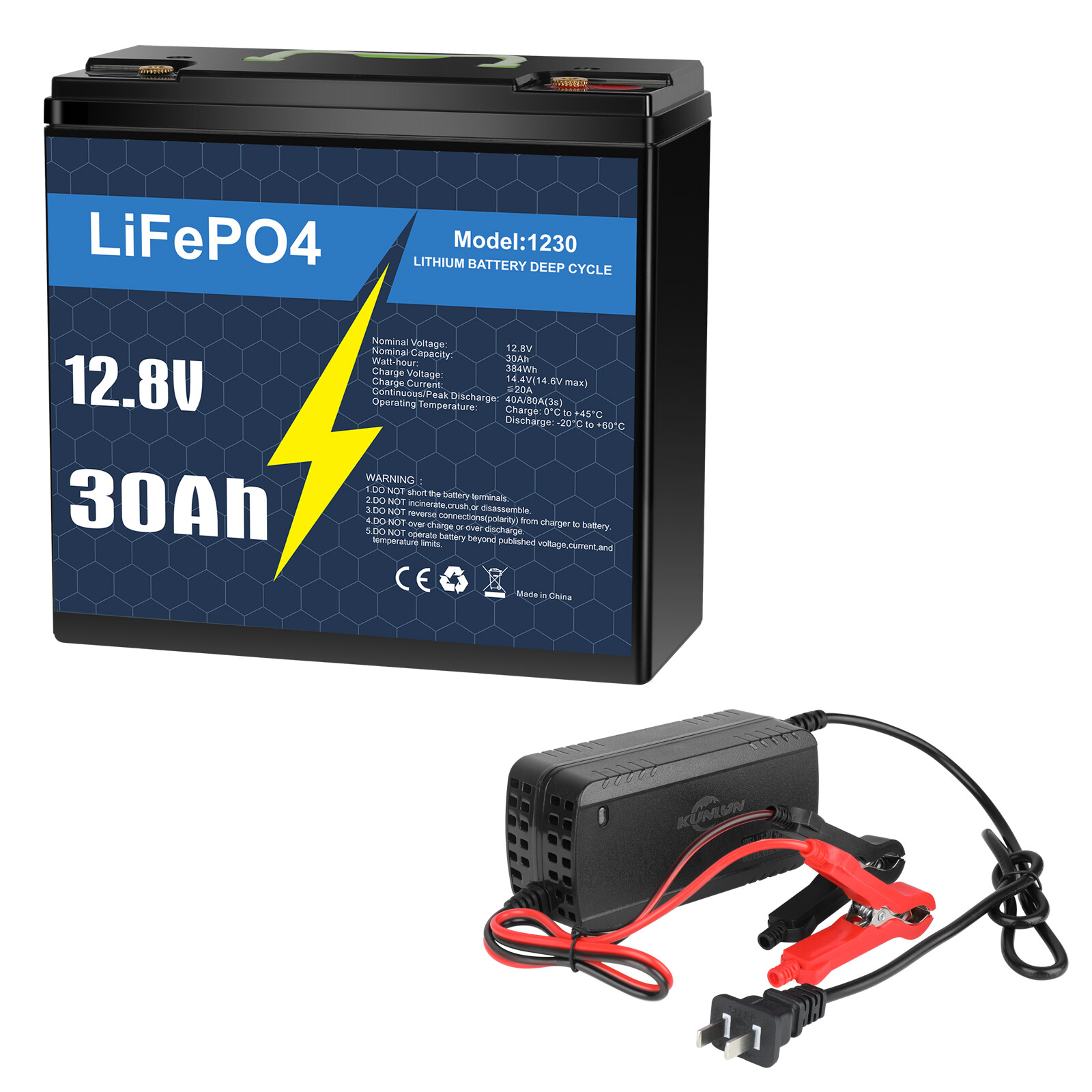 12V 30Ah LiFePO4 Lithium Battery with 5A Charger, Deep Cycle, for RV, Marine