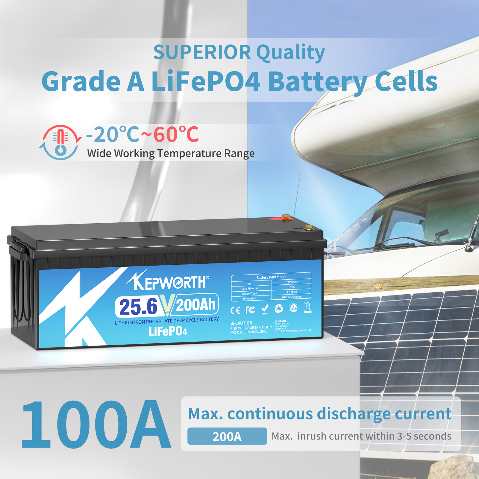 LiFePO4 24V 200Ah Lithium Battery 5.12Kw BMS Off Grid 20000+ Deep Cycle RV Solar