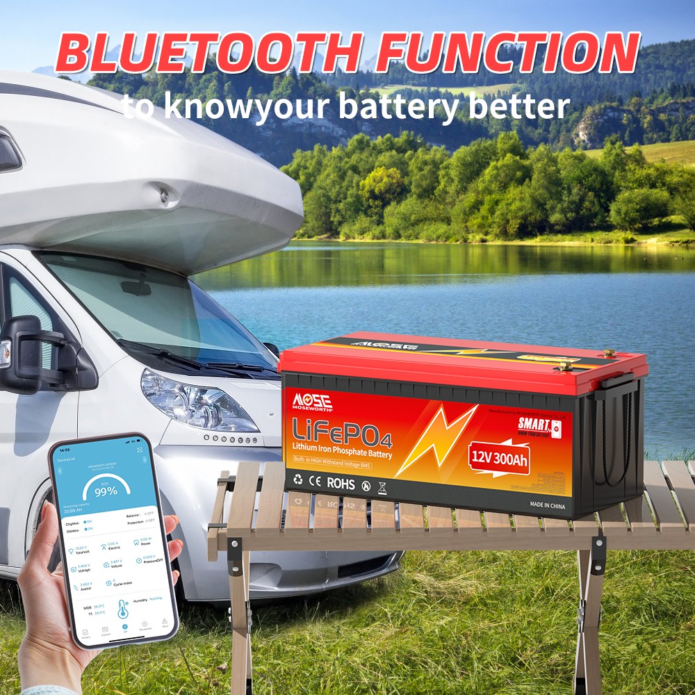 MOSEWORTH 12V 300Ah LiFePO4 Lithium Battery 200A BMS Bluetooth Trolling RV Solar