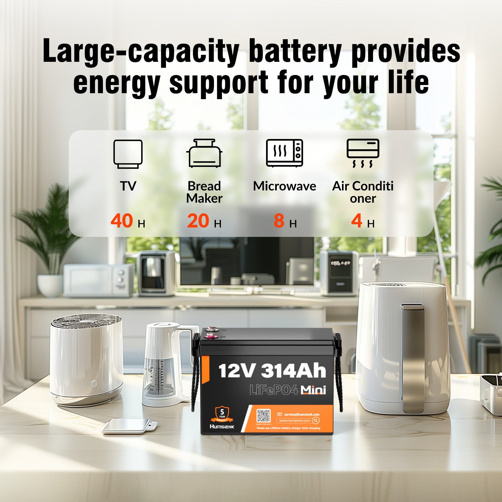 Humsienk 12V 314Ah Mini LiFePO4 Battery 200A BMS RV Solar Panel Off Grid