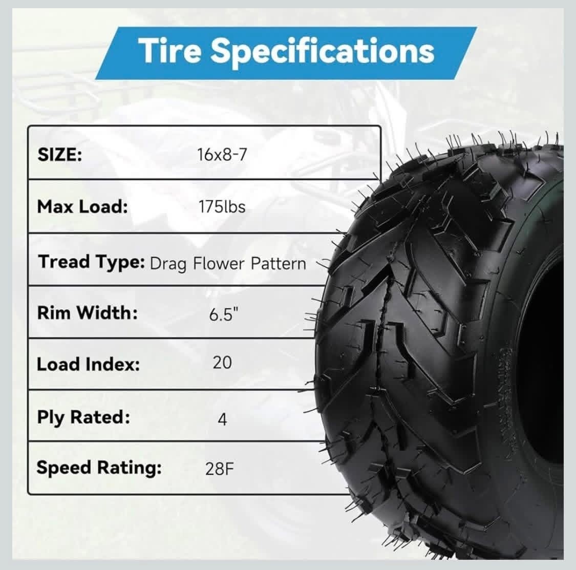 16×8-7 ATV Tire Tubeless All-Terrain Replacement for Tao tao Coolster 110cc