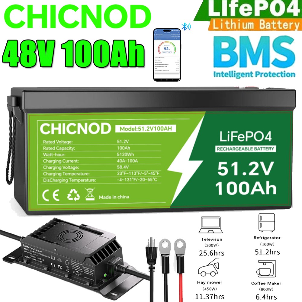 NEW 48V 100Ah LiFePO4 Lithium Battery Deep Cycle 5120Wh BMS W/ 58.4V 20A Charger