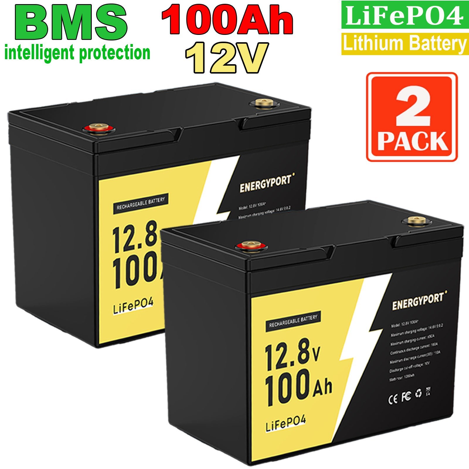 2 Pack 12V 100AH 1280Wh LiFePO4 Lithium Battery BMS For RV Marine Solar Off-grid