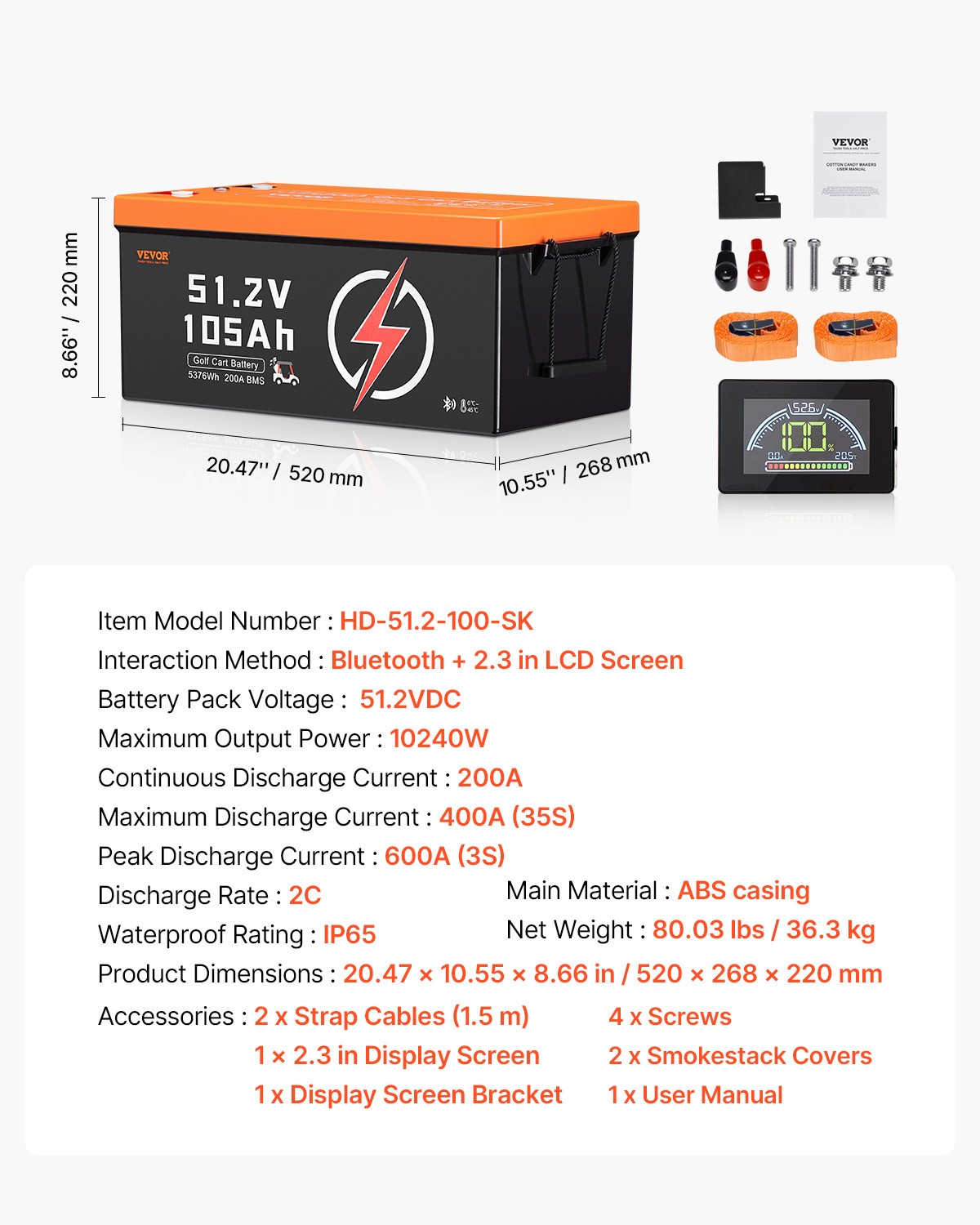 VEVOR 36/48V 105Ah Golf Cart Lithium Battery 20A Charger LCD Touch Monitor