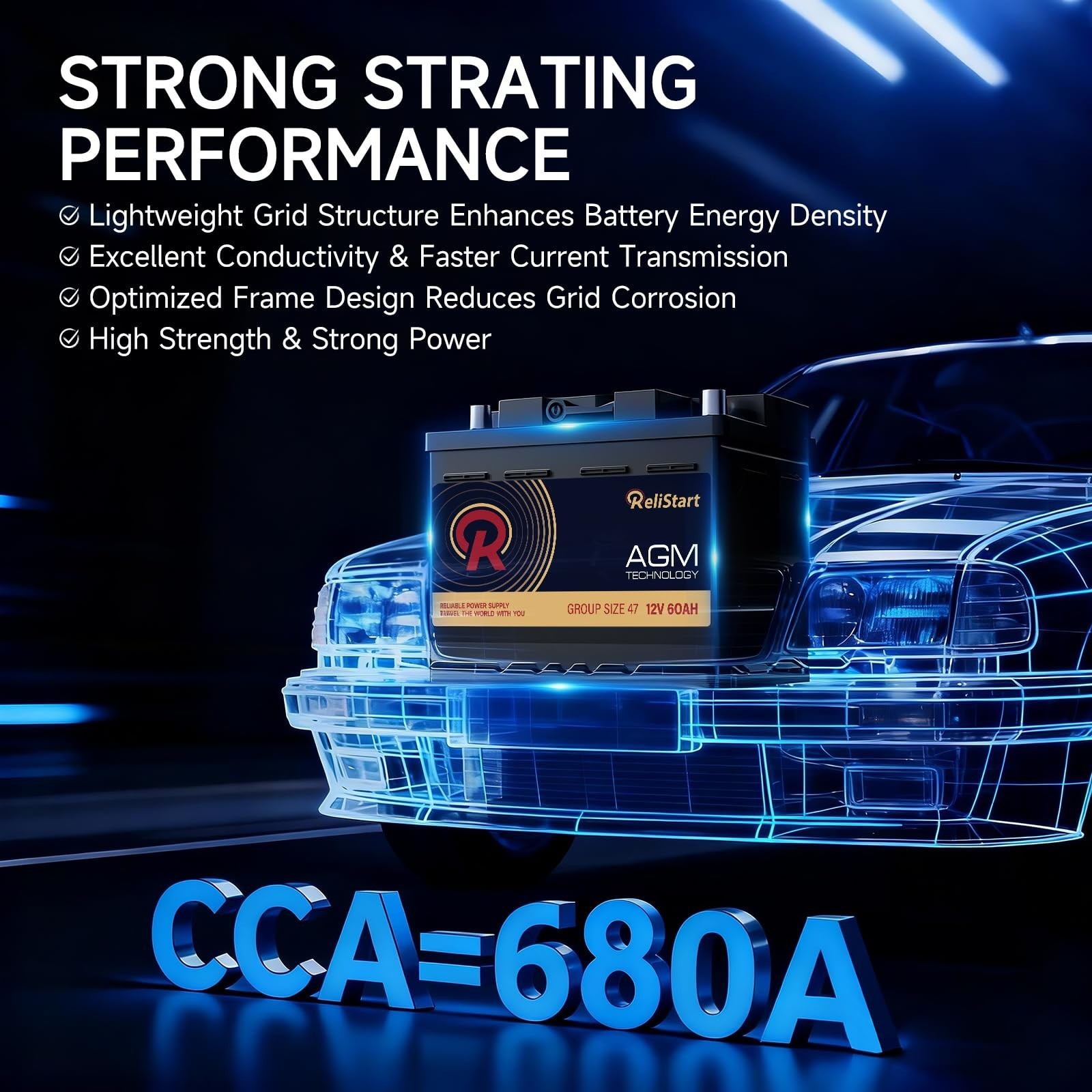 Relistart 12v 60Ah AGM Battery BCI Group 47 Car Automotive Battery 105RC 680CCA